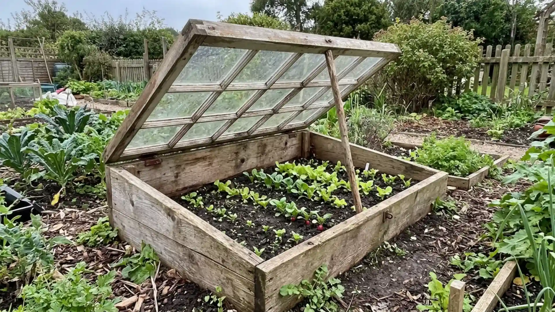 wooden cold frame box with glass window lid propped open over seedling beds