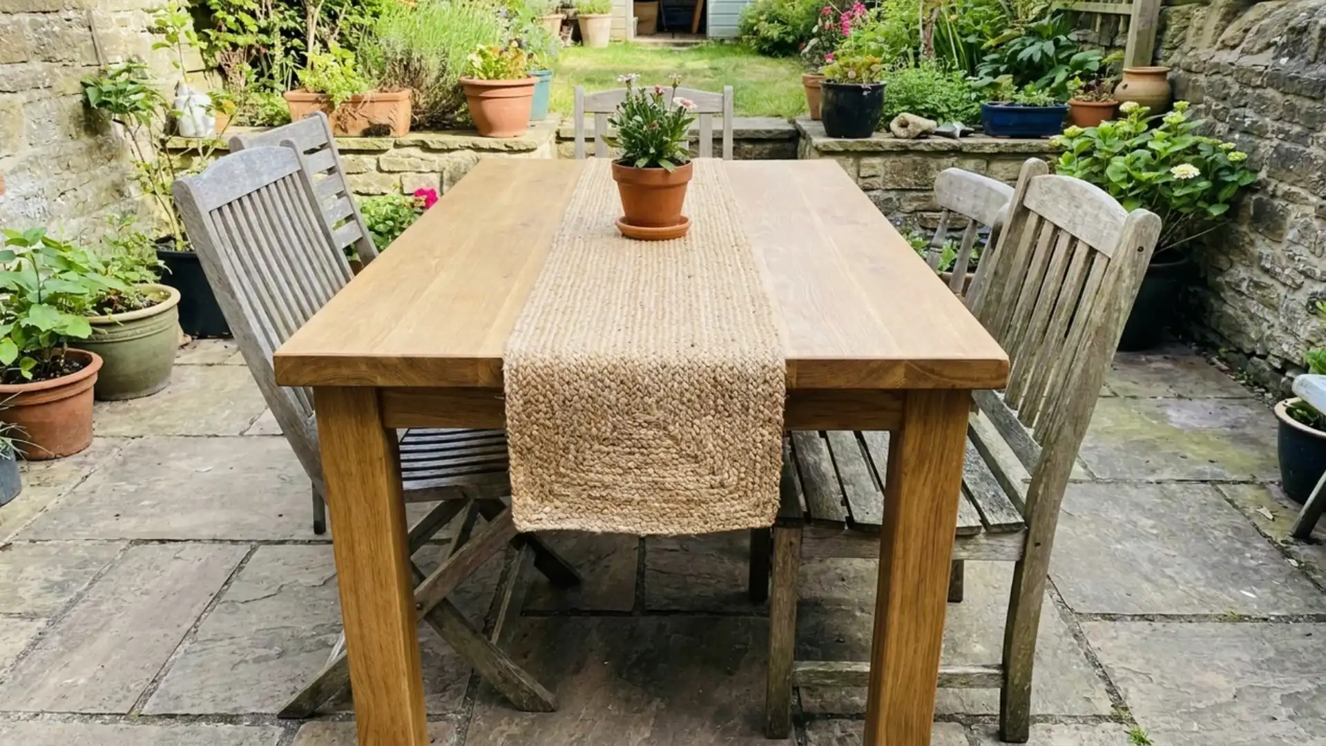 wooden dining table with woven runner and potted plant on stone patio
