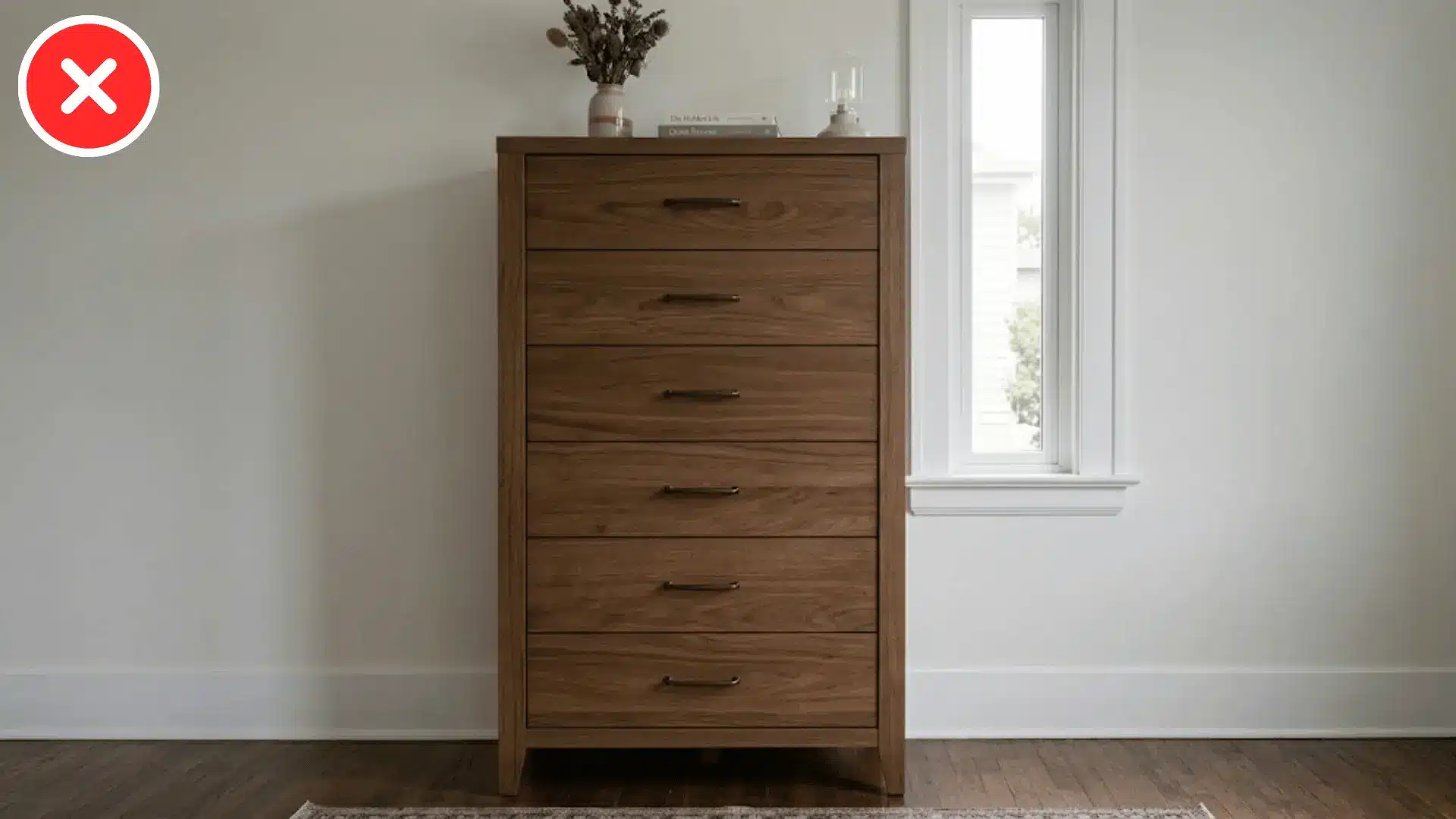 wooden dresser pushed against a window leaving only a narrow strip of glass visible