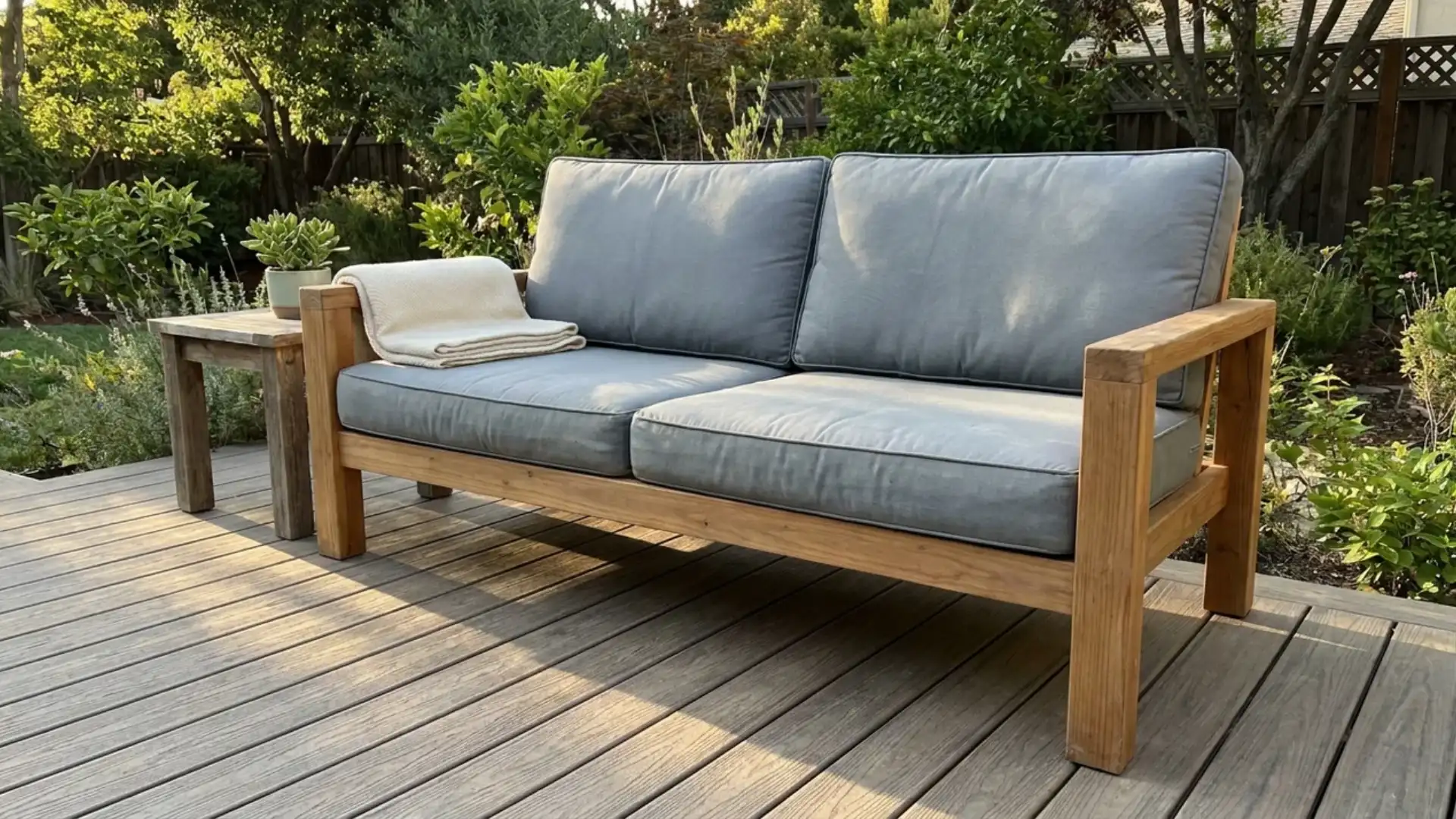 wooden framed outdoor sofa with gray cushions on deck beside potted succulent