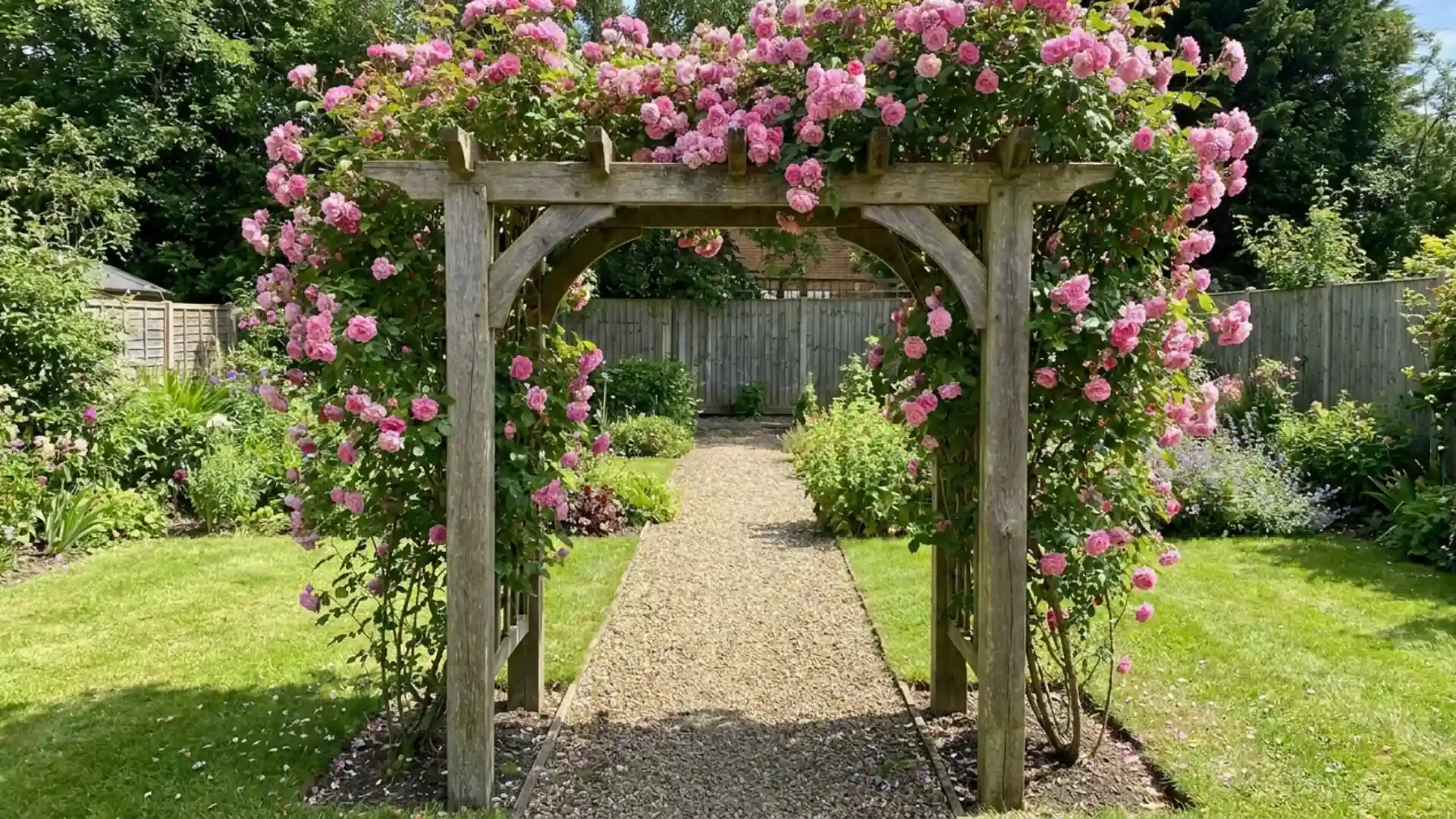 wooden garden arbor covered in pink climbing roses over gravel path entrance