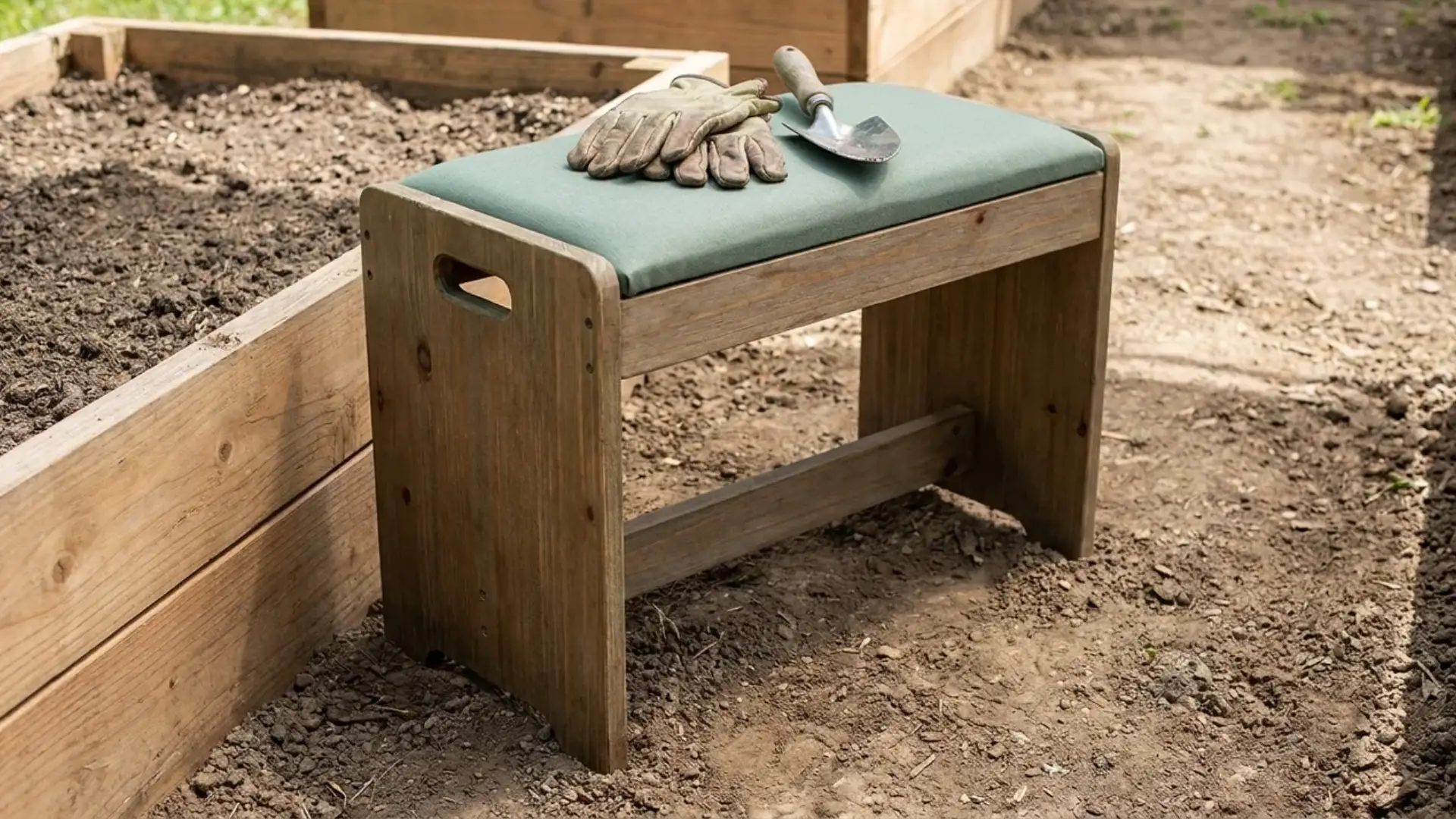 wooden garden kneeler bench with padded seat and gardening gloves beside raised bed