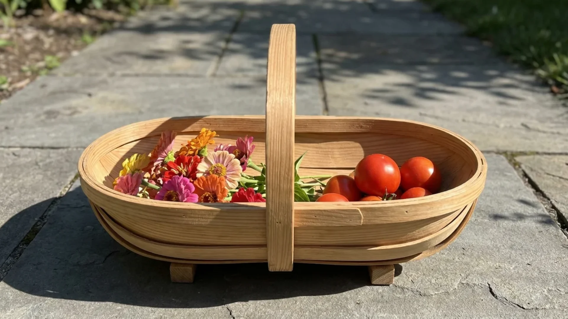 wooden garden trug basket filled with fresh cut flowers and ripe tomatoes on patio