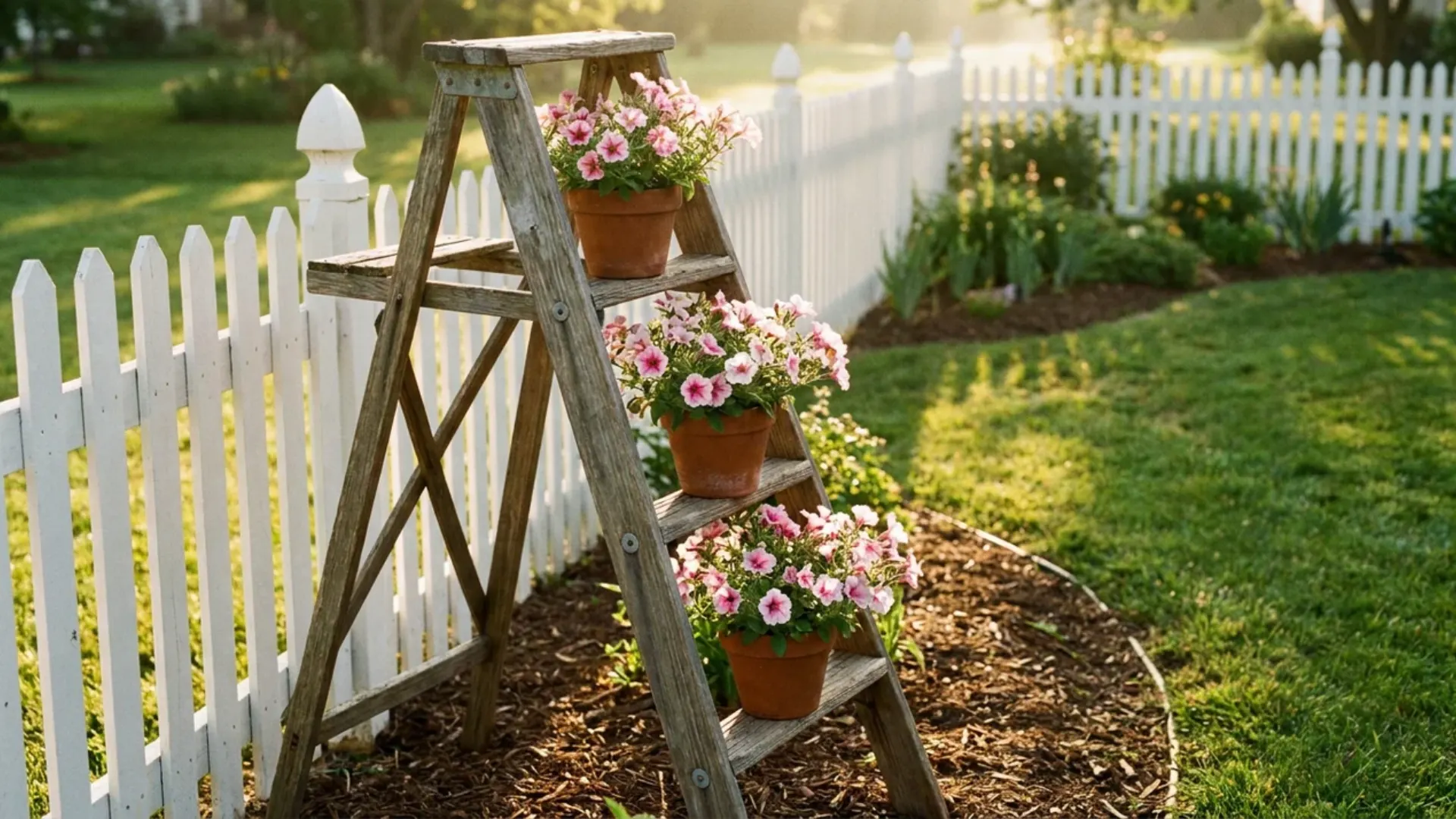 wooden ladder flower stand with potted pink flowers leaning against white picket fence in garden