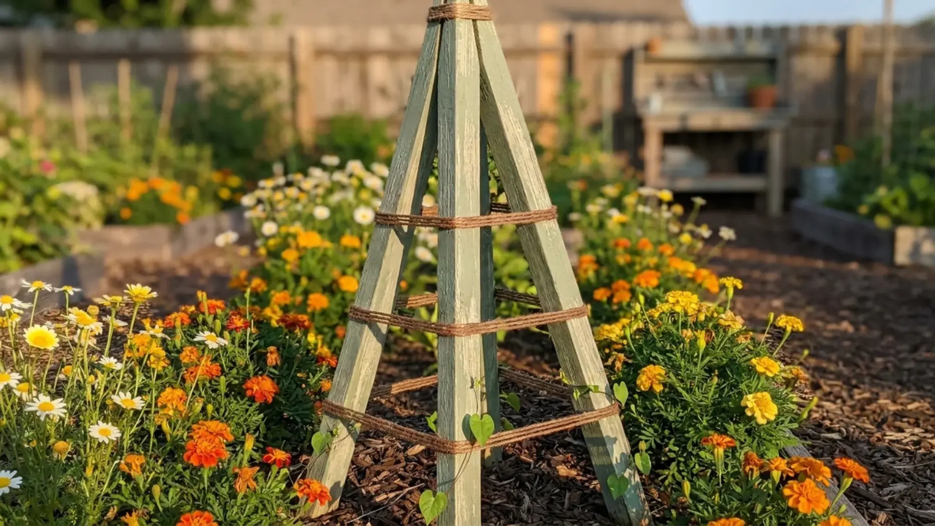wooden obelisk trellis with twine centerpiece surrounded by marigolds in flower bed