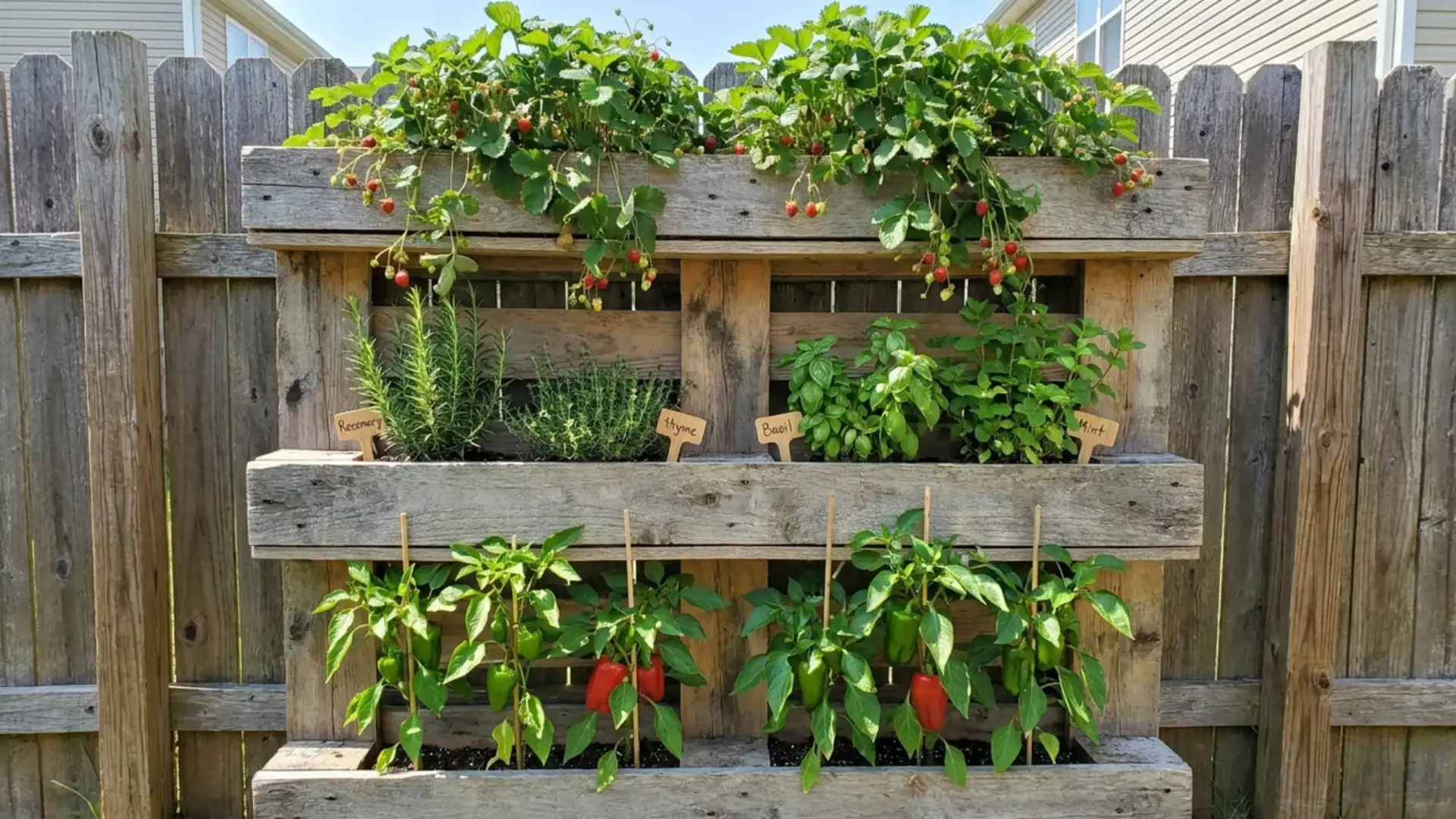 wooden pallet vertical planter with strawberries herbs and peppers growing in tiers on fence
