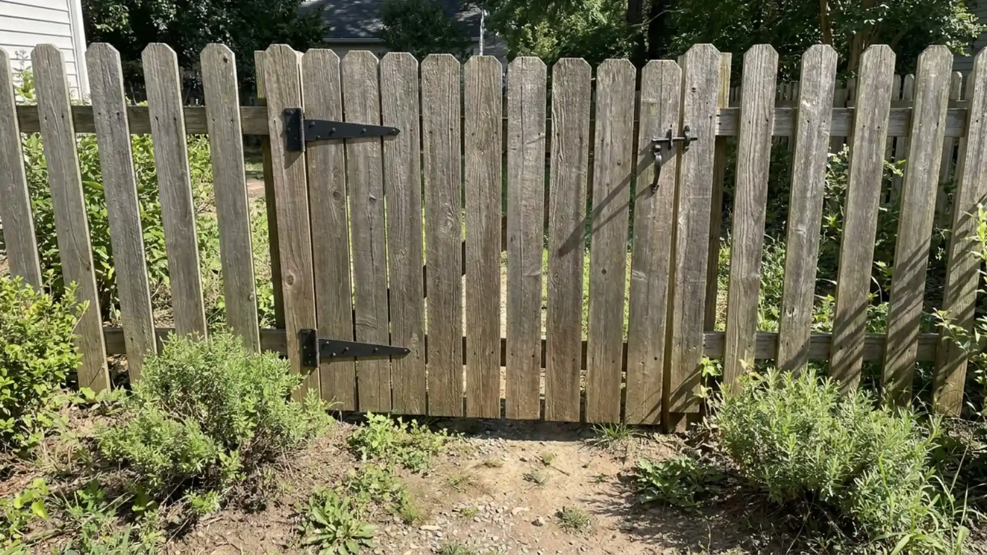 wooden picket fence gate with black metal latch and hinges in backyard garden