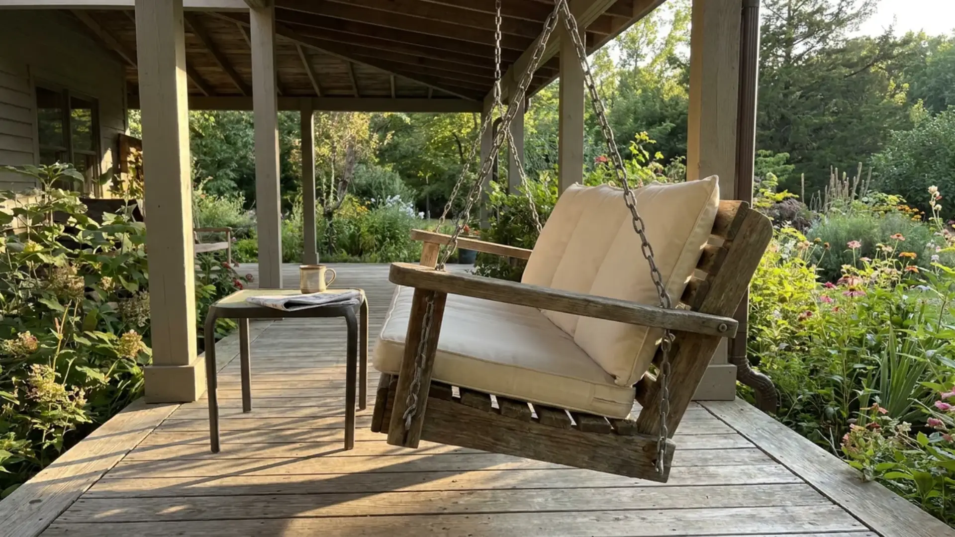 wooden porch swing with cream cushions hanging on chains under covered porch