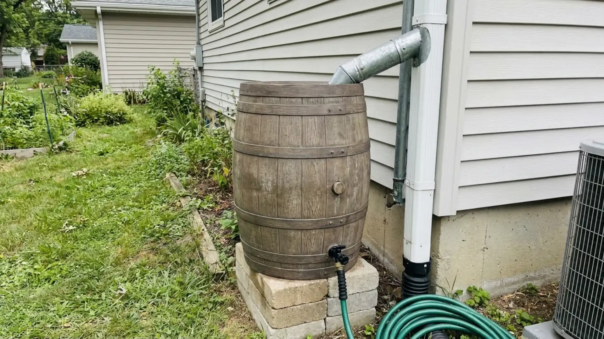 wooden rain barrel connected to downspout with garden hose beside house siding