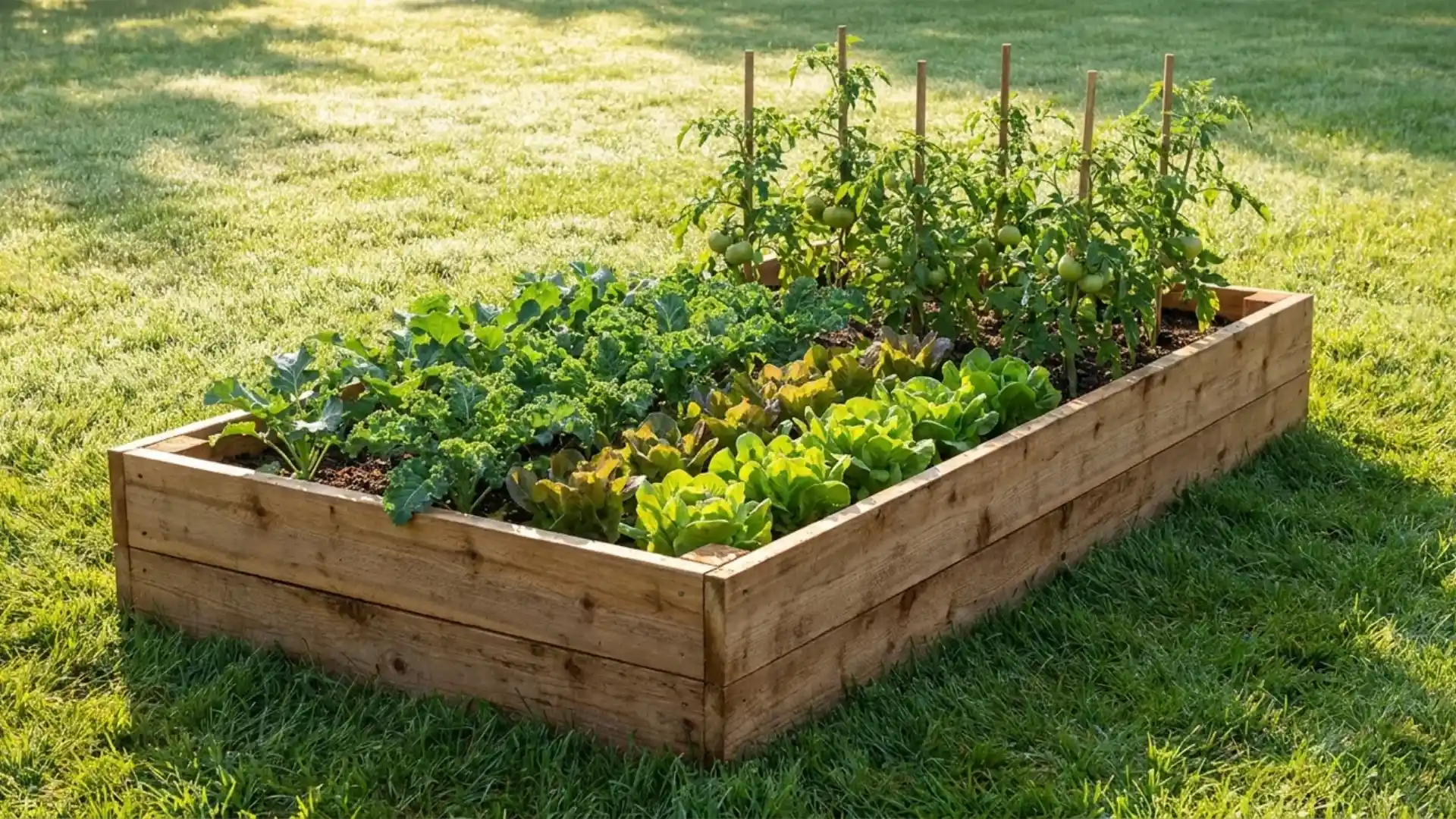 wooden raised garden bed with rows of lettuce kale and staked tomato plants on lawn