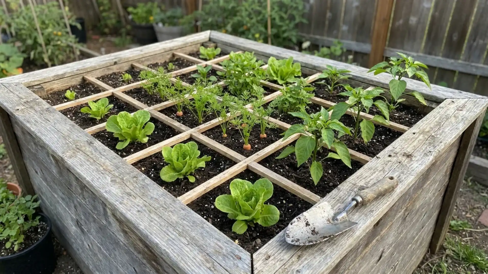 wooden square foot garden bed with grid lattice growing lettuce carrots and peppers