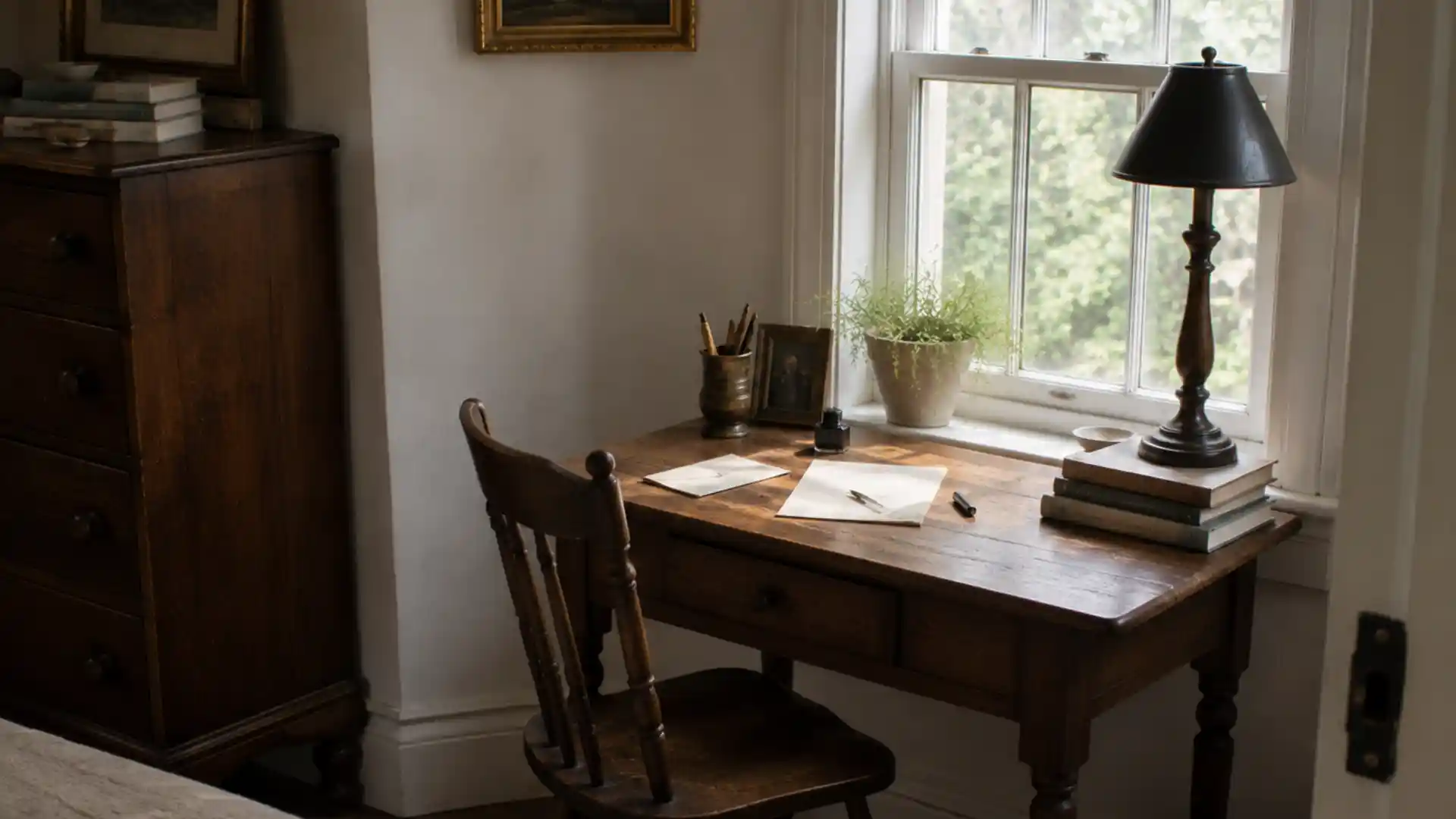 wooden writing desk with pen, stationery and lamp near window