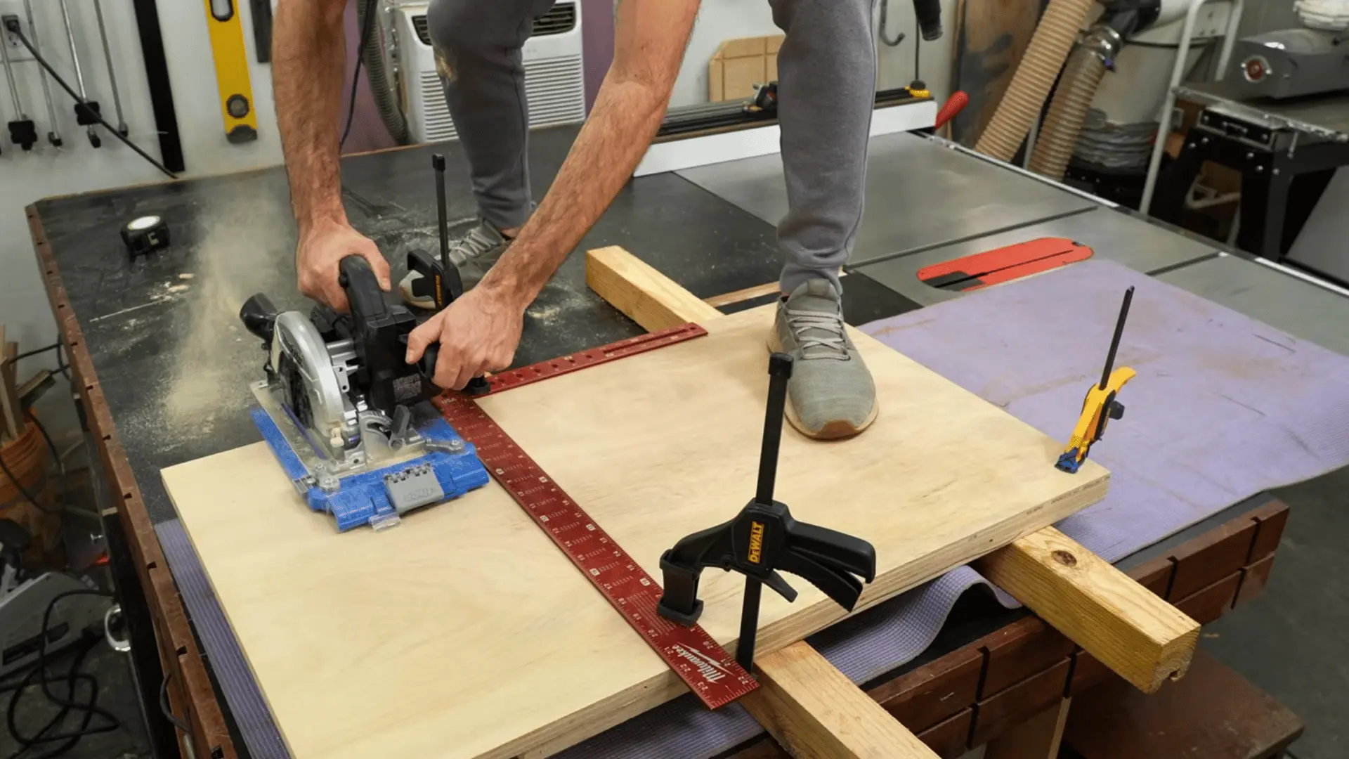 woodworker aligning a straightedge square against a plywood panel before making a square reference cut with a circular saw