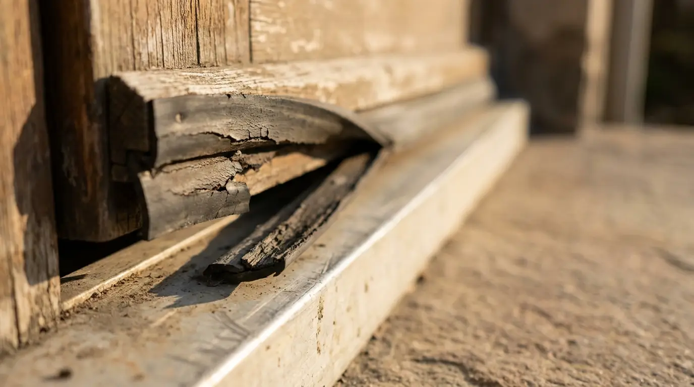 Cracked and damaged wooden door frame with peeling paint in sunlight