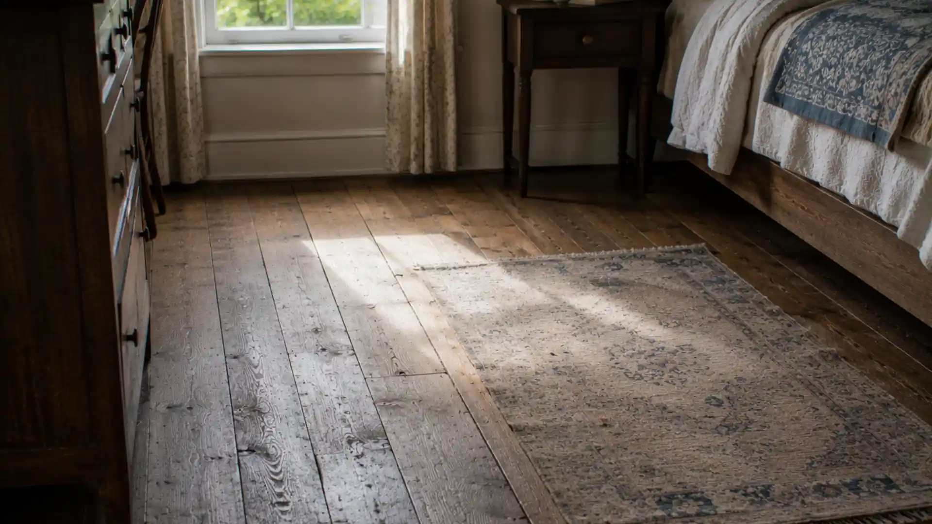 worn wide plank wood floor with a simple faded rug in bedroom
