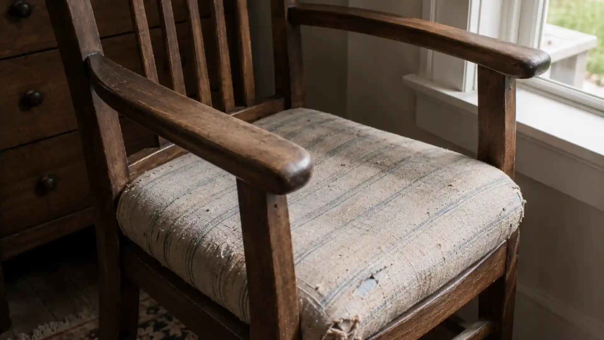 worn wooden chair with faded cushion showing natural imperfections