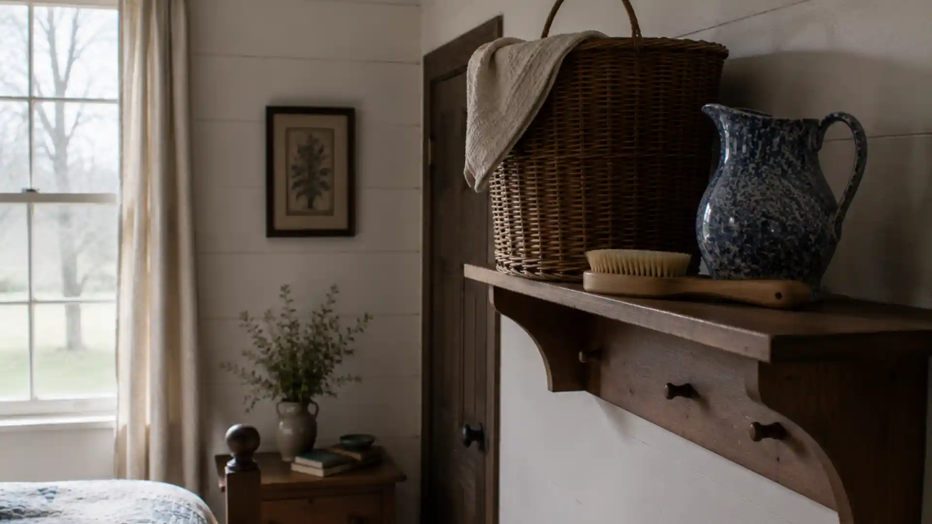 woven basket, ceramic pitcher and wooden clothes brush on bedroom shelf