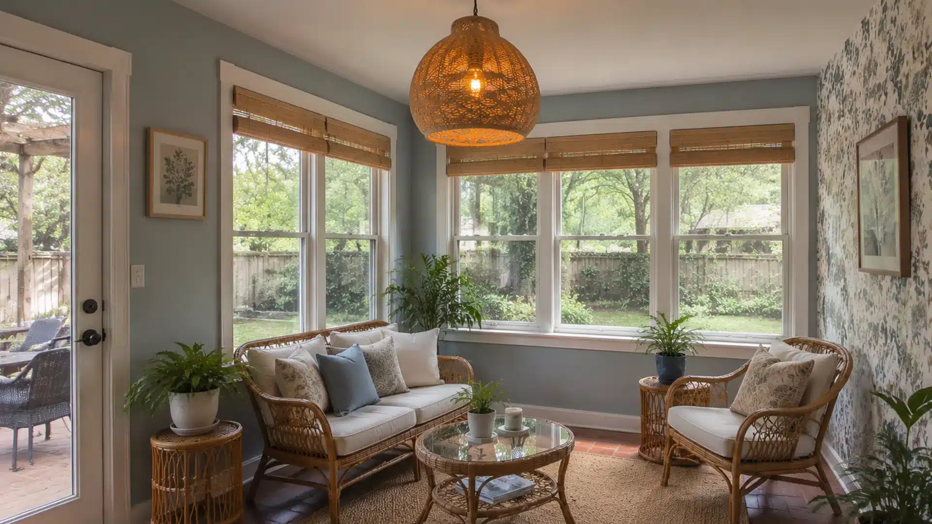 woven rattan pendant light hanging over a cozy sunroom seating and coffee table area