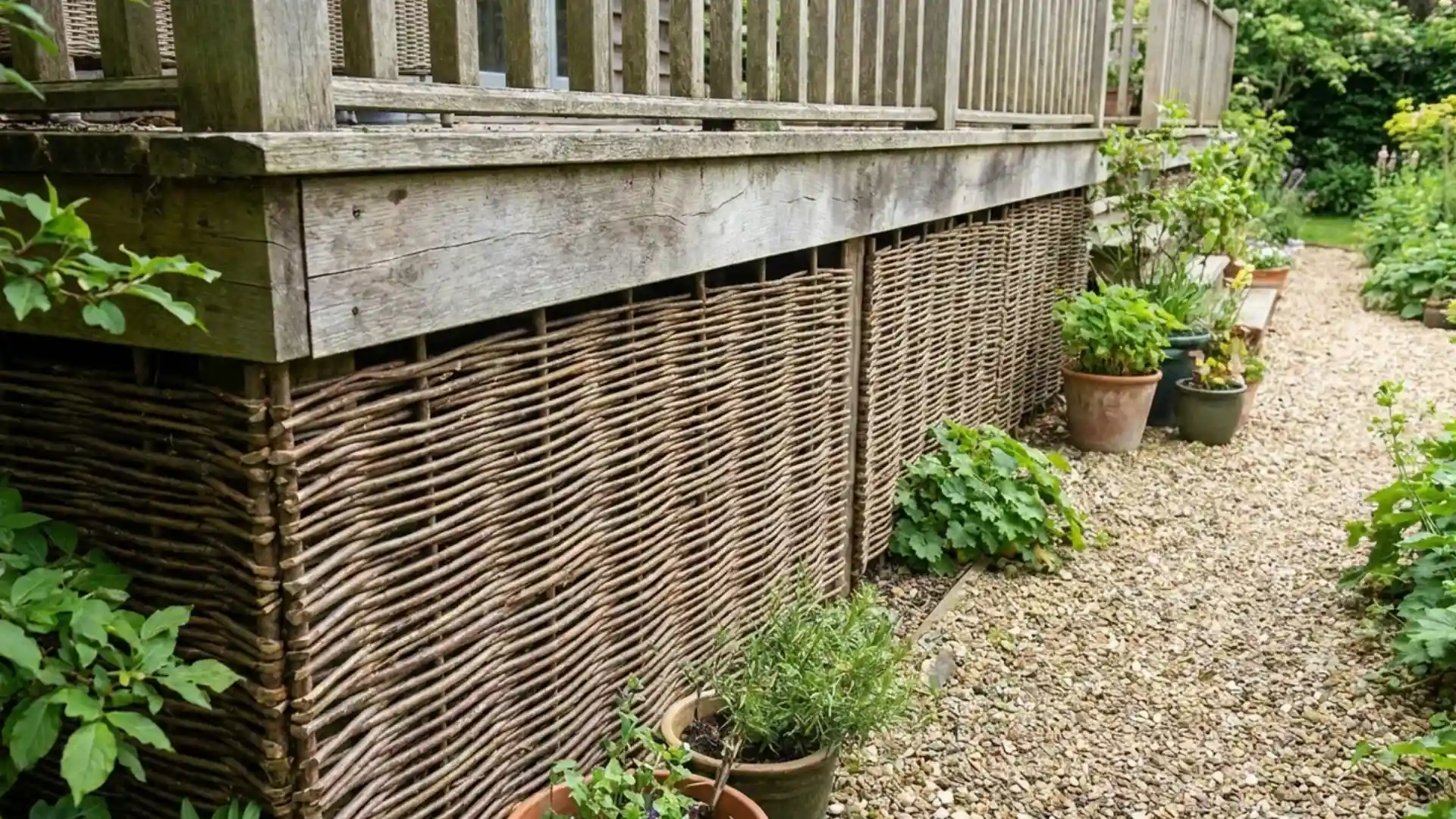 woven willow branch hurdle deck skirting along gravel path with potted herbs