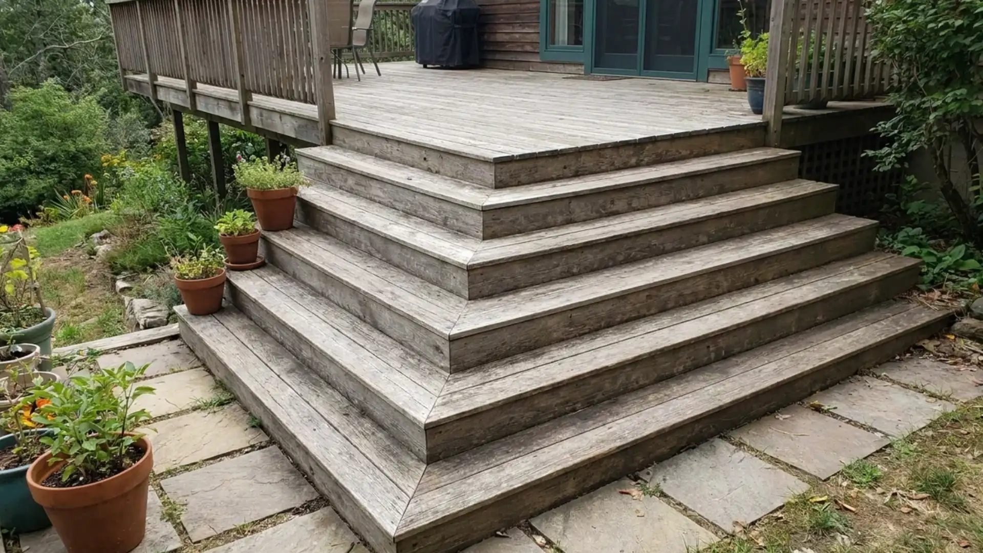 wraparound wooden deck stairs concealing skirting with potted plants on steps