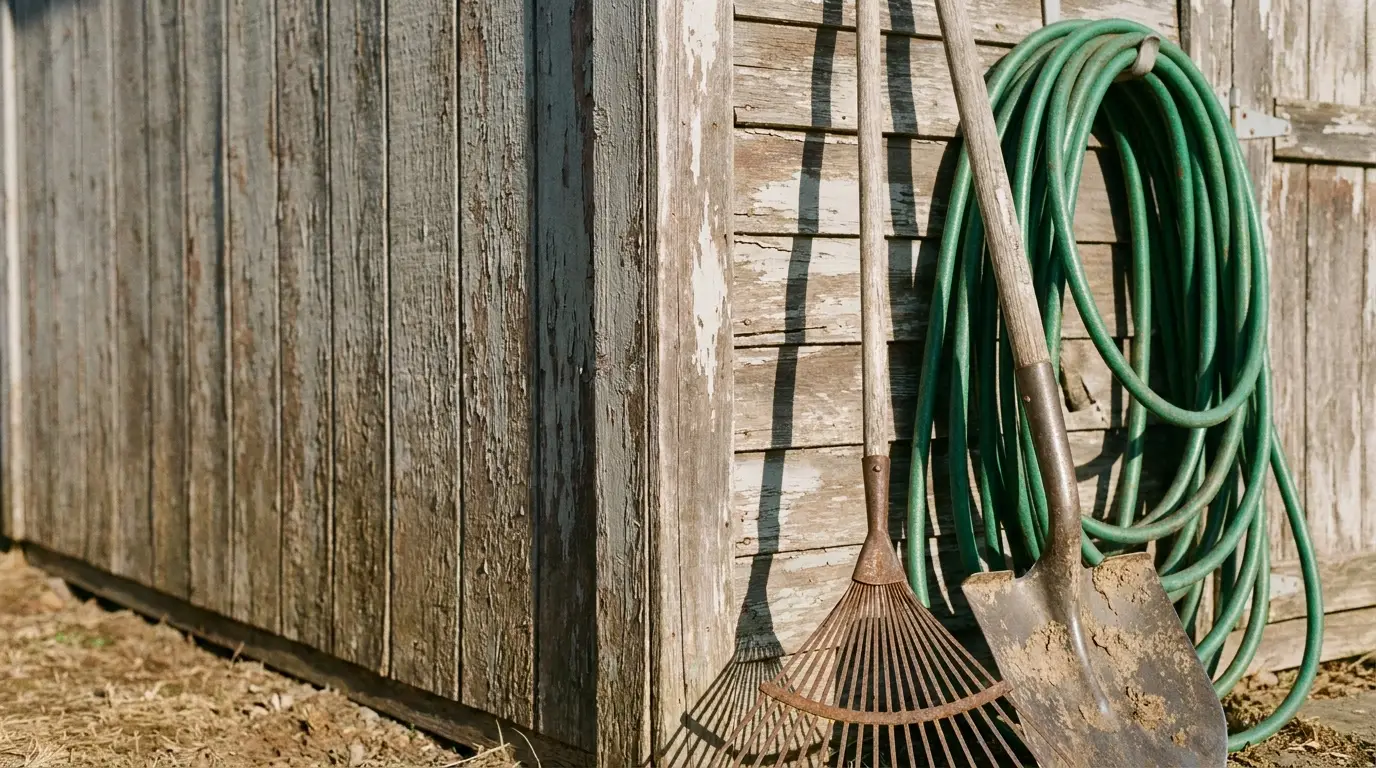 Garden tools and green hose leaning against rustic wooden shed in sunlight