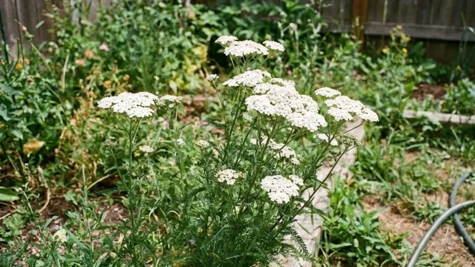 yarrow plant with flat white flower clusters in a backyard garden