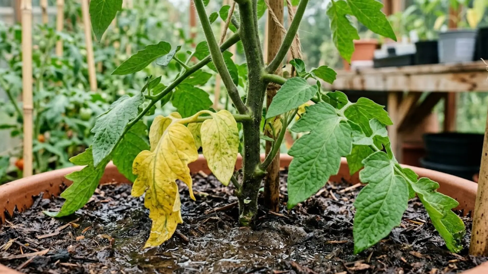 yellowed and curling tomato leaves near damp soil showing overwatering signs