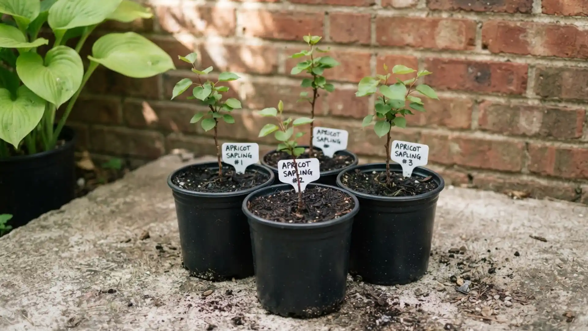 young apricot saplings growing in labeled pots after seed stratification and planting