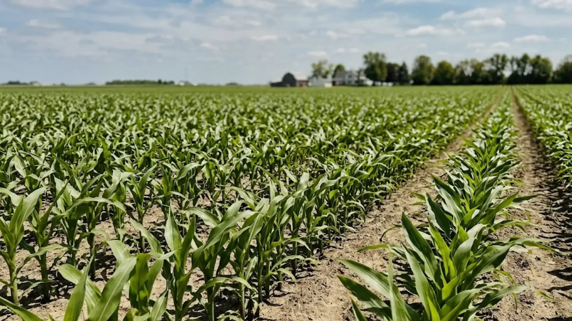young corn plants growing in neat rows across a farm field under a partly cloudy sky