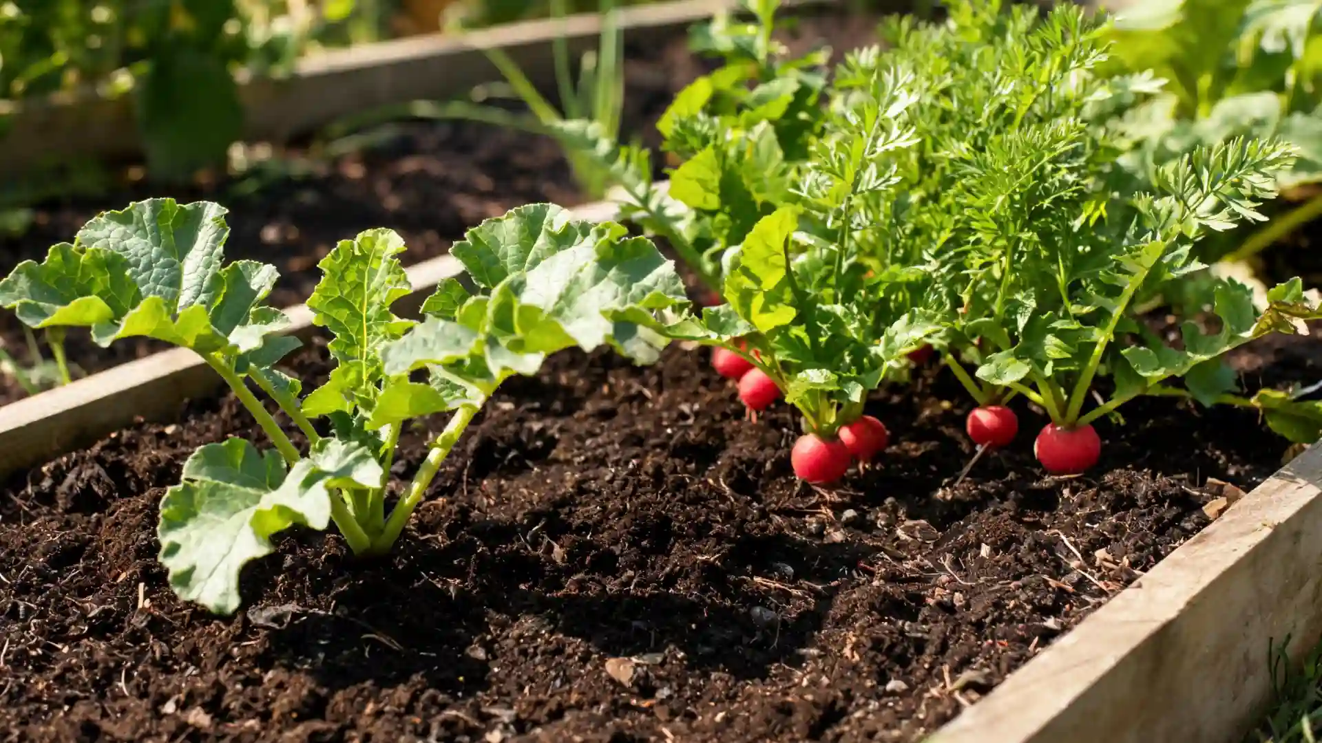 young zucchini plants growing beside red radishes with leafy green tops in a sunny raised garden bed