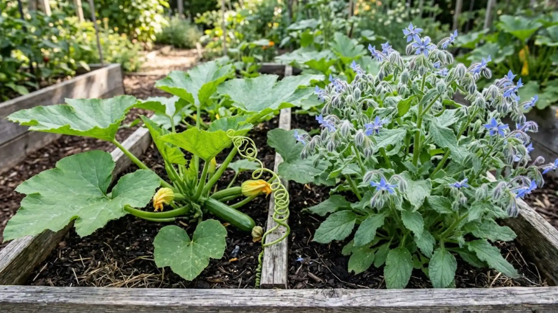 zucchini growing beside flowering borage with blue blooms in a raised garden bed