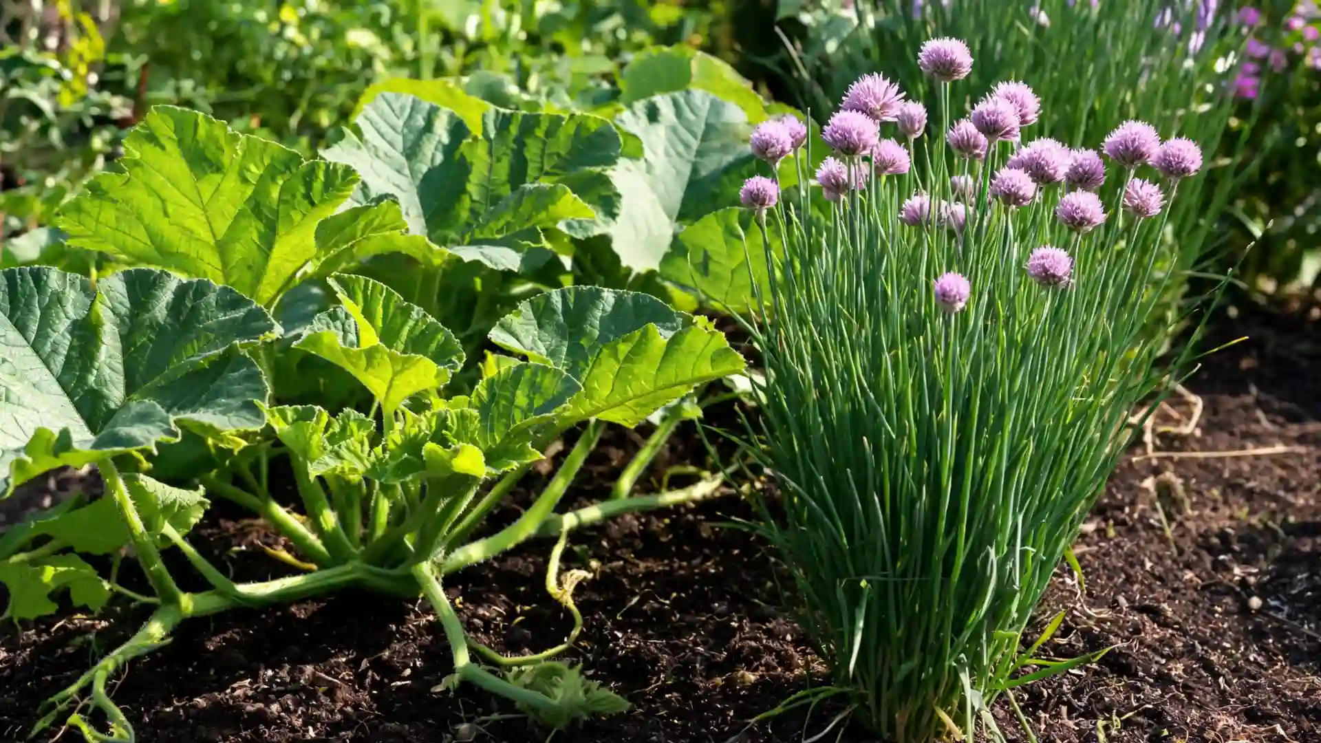 zucchini growing beside flowering chives with tall green stems and purple blooms in a garden bed