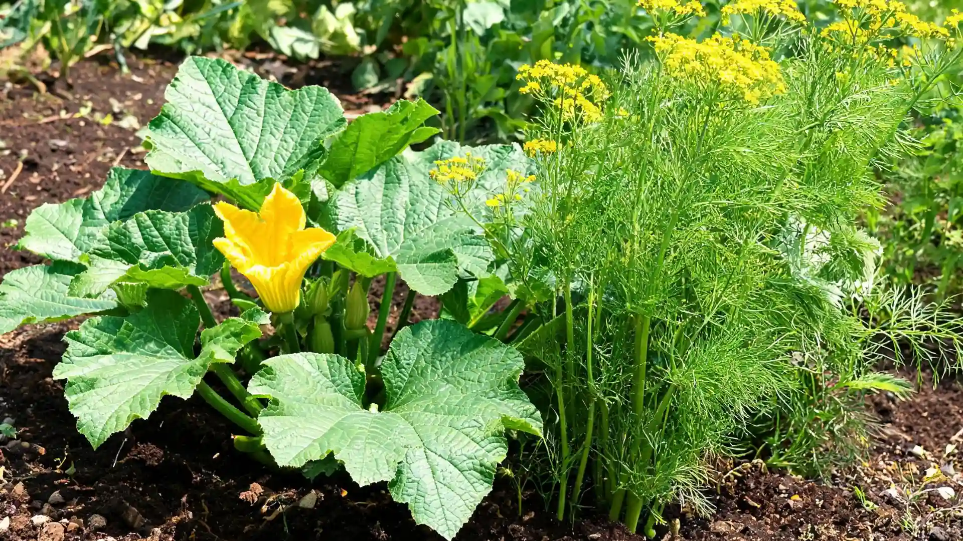 zucchini plant growing beside tall, feathery dill with yellow flowers in a sunny garden bed