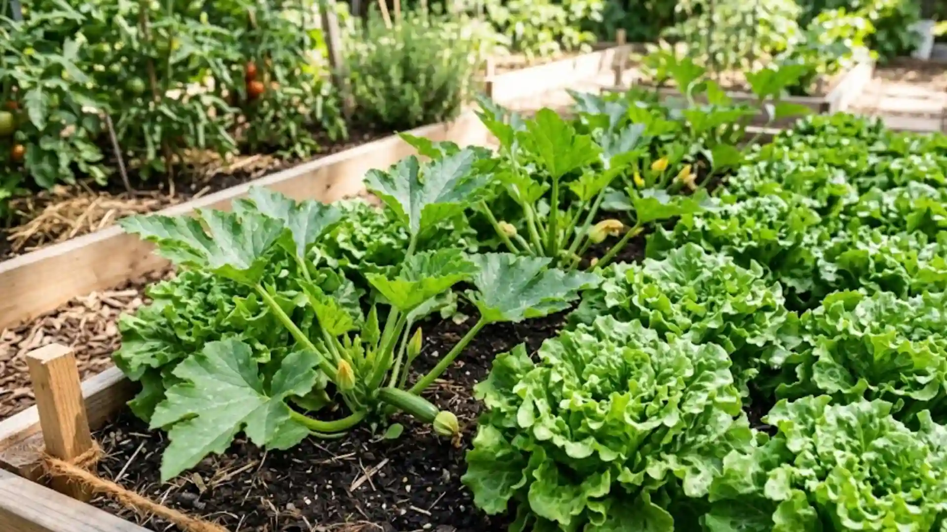 zucchini plants growing among lush green lettuce heads in a productive raised vegetable garden