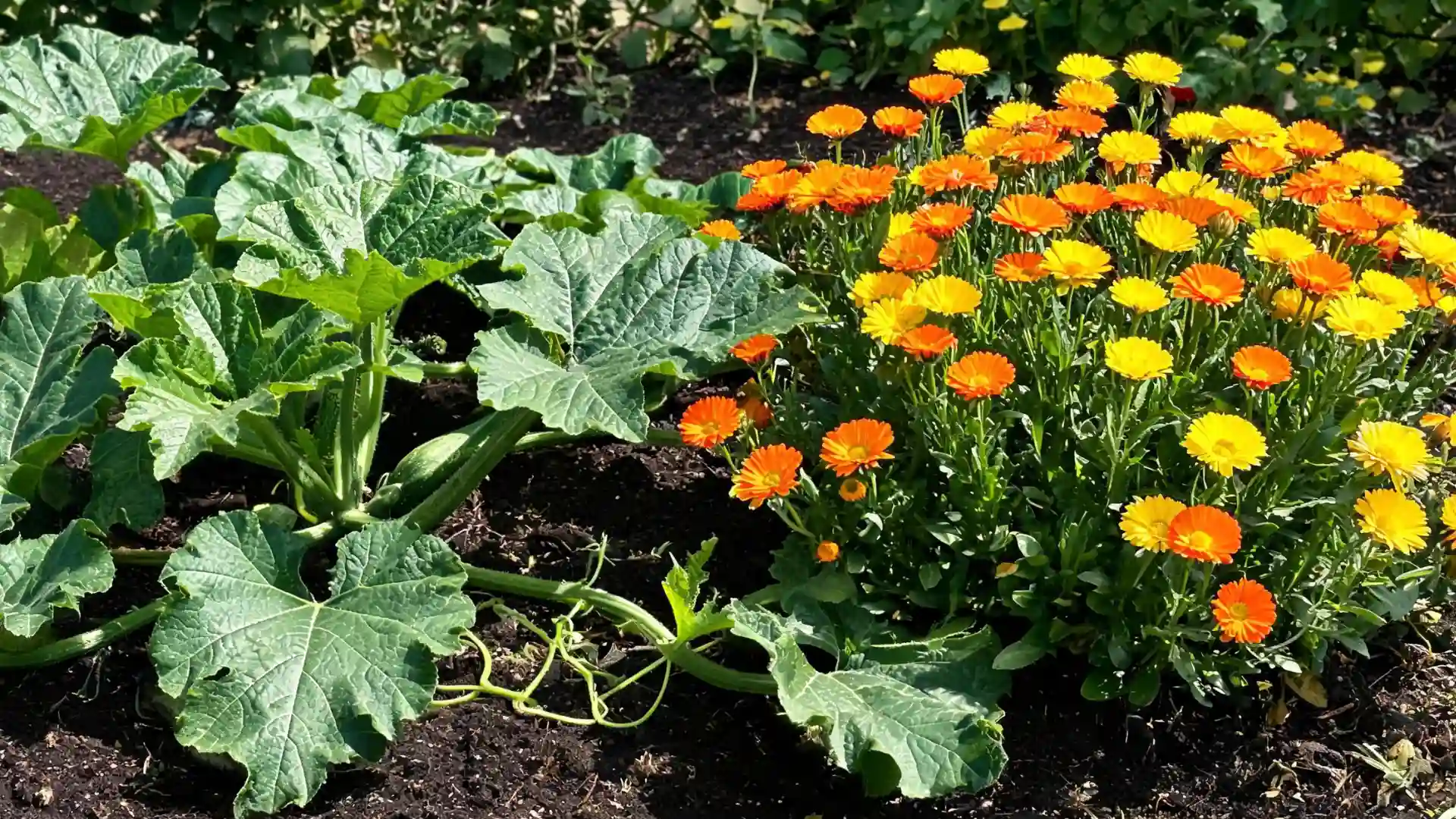 zucchini plants growing beside bright orange and yellow calendula flowers in a sunny garden