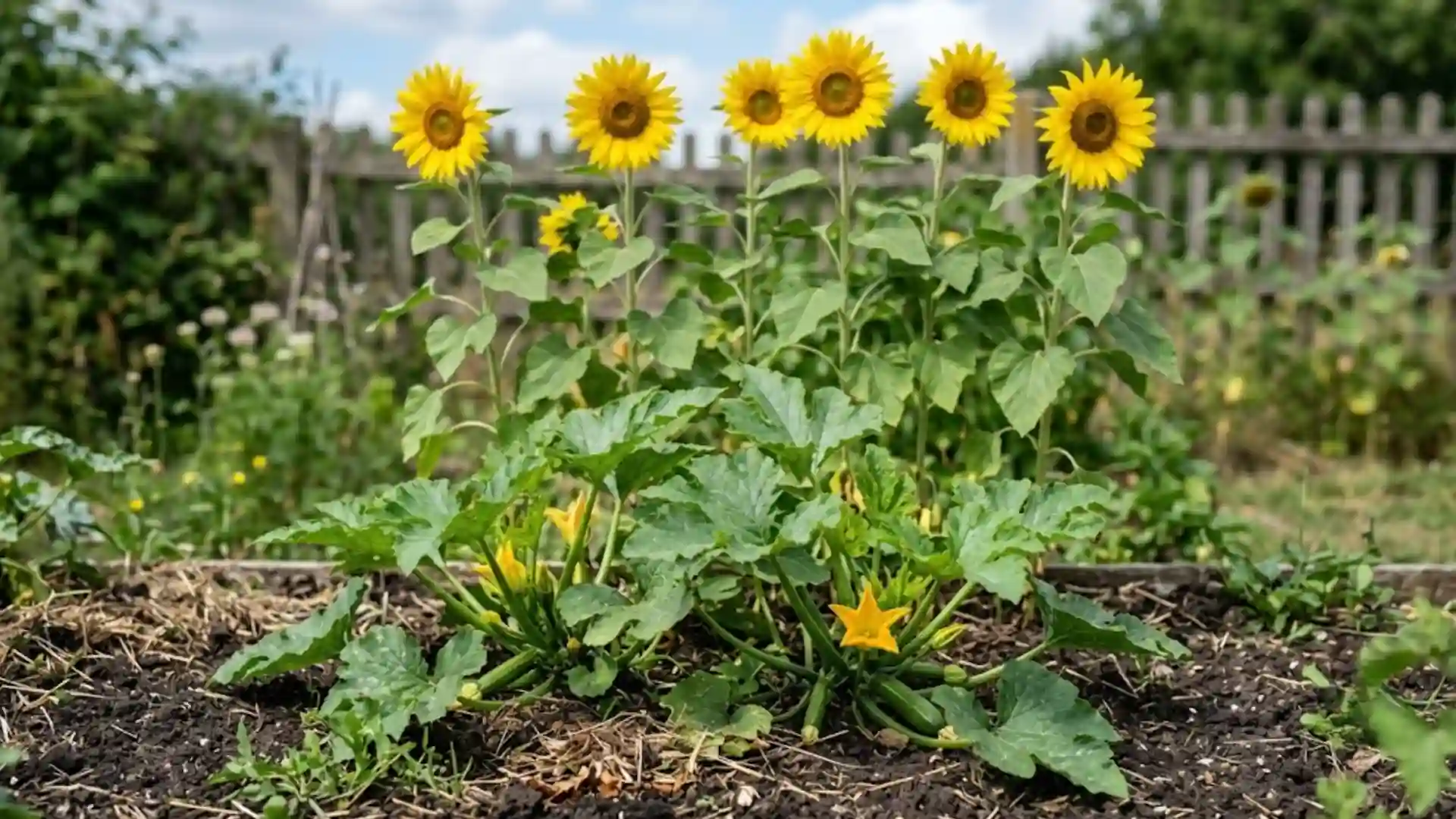 zucchini plants with broad green leaves and yellow blooms growing in front of tall sunflowers