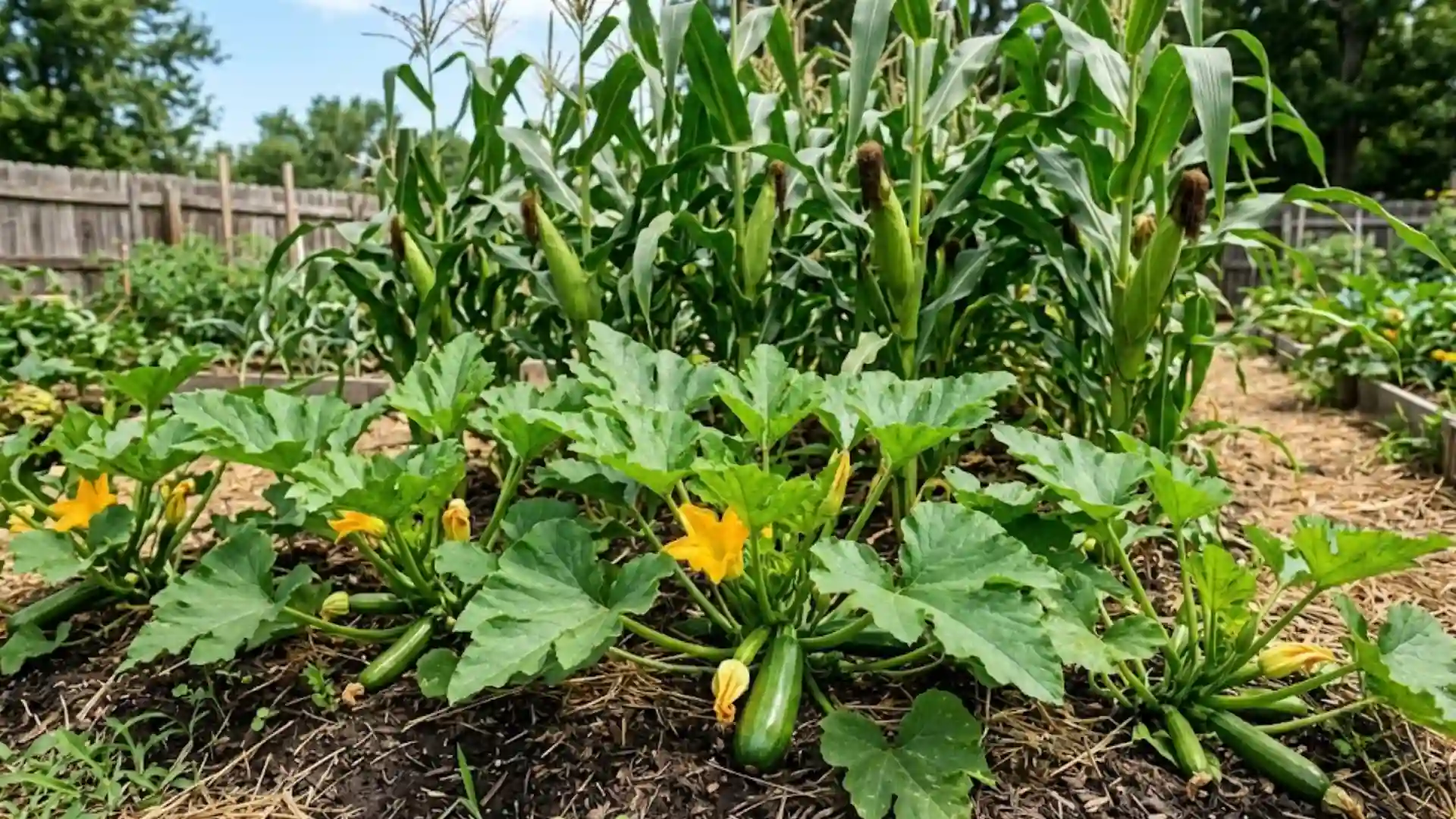 zucchini plants with green fruit and yellow blossoms growing in front of tall sweet corn stalks