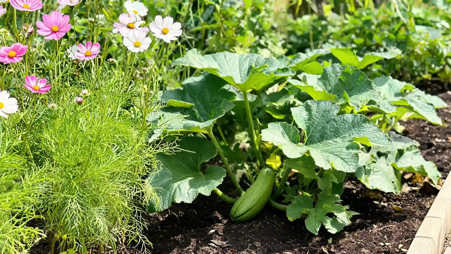 zucchini with broad green leaves and fruit growing beside pink and white cosmos flowers in a garden