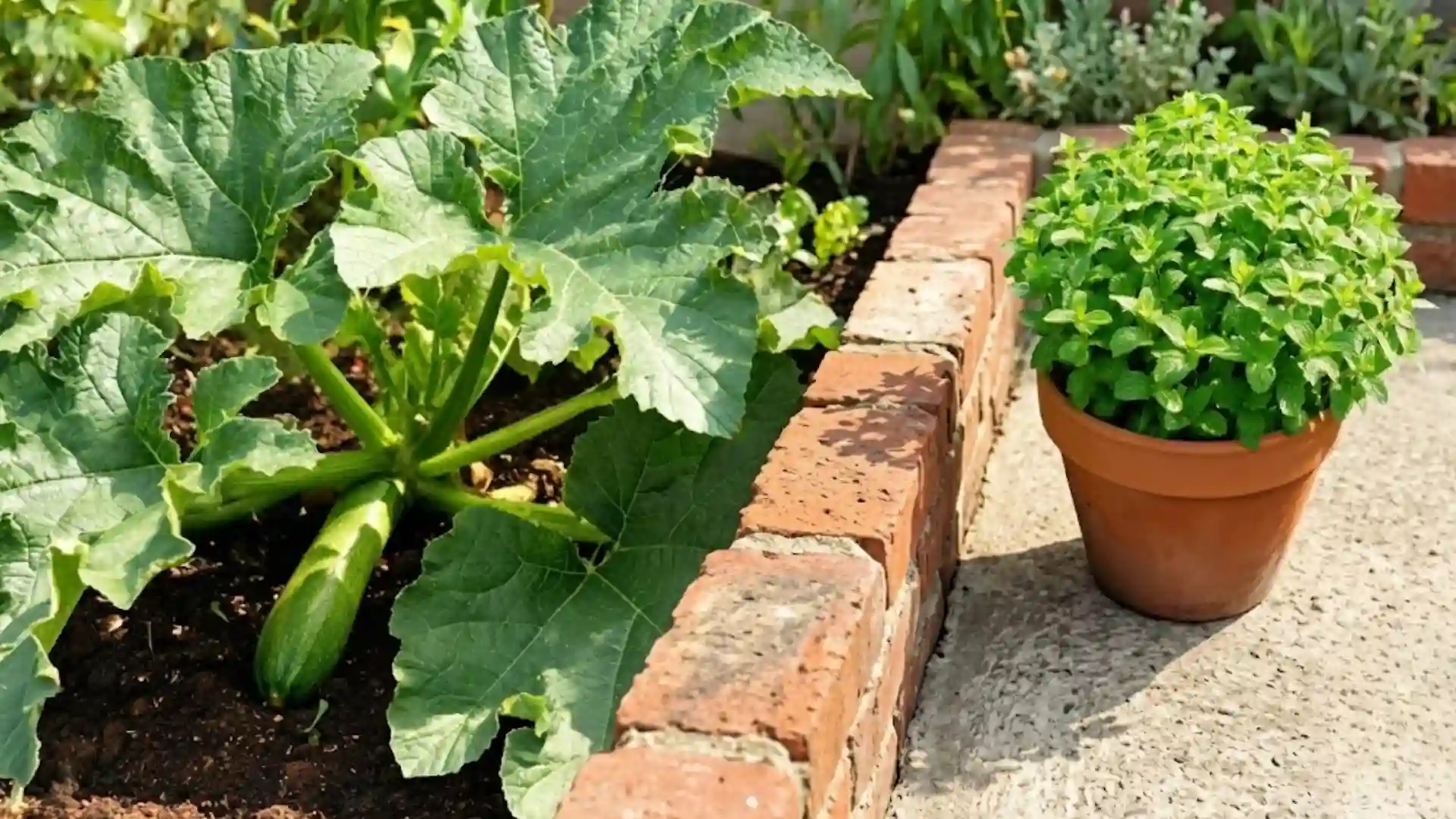 zucchini with broad green leaves and fruit growing beside lush mint in a terracotta pot