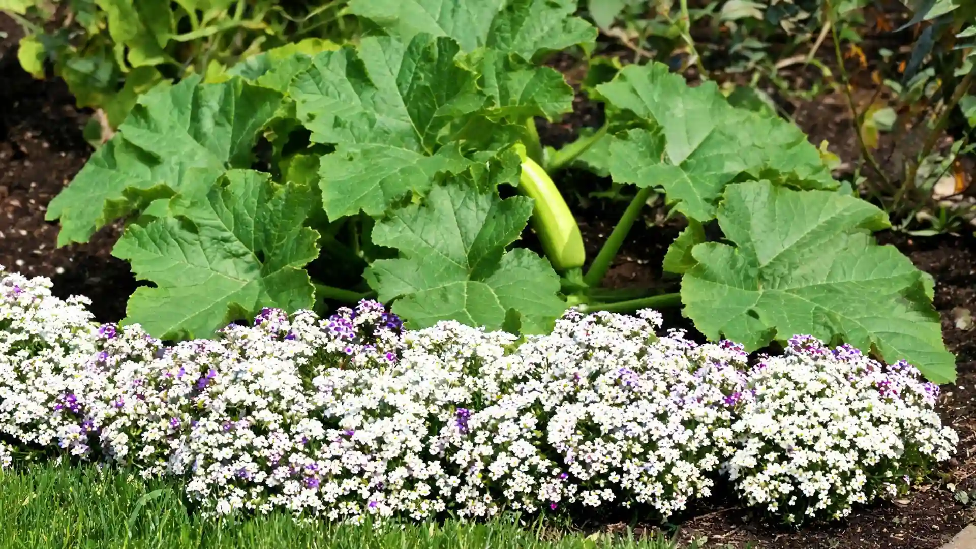 zucchini with large green leaves growing behind white and purple sweet alyssum flowers