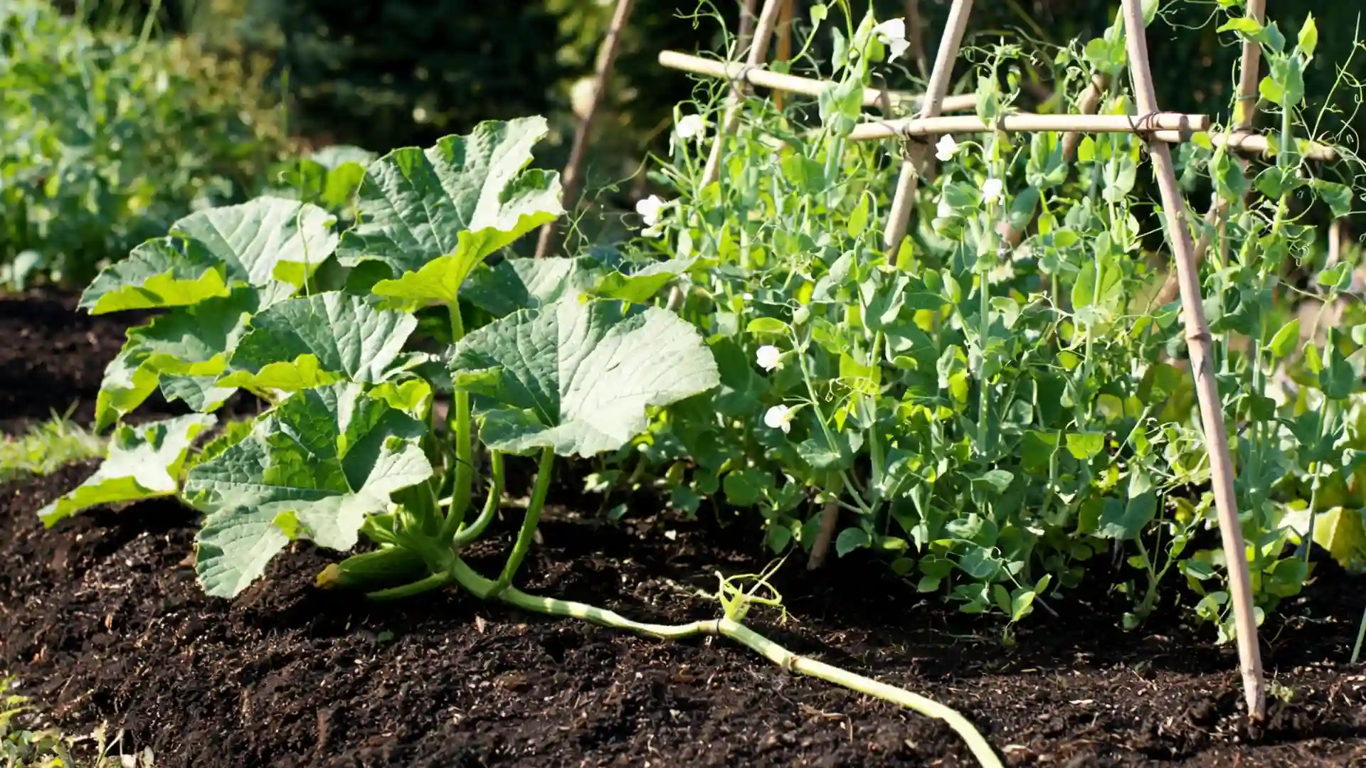 zucchini with large green leaves growing beside flowering pea vines supported on a garden trellis