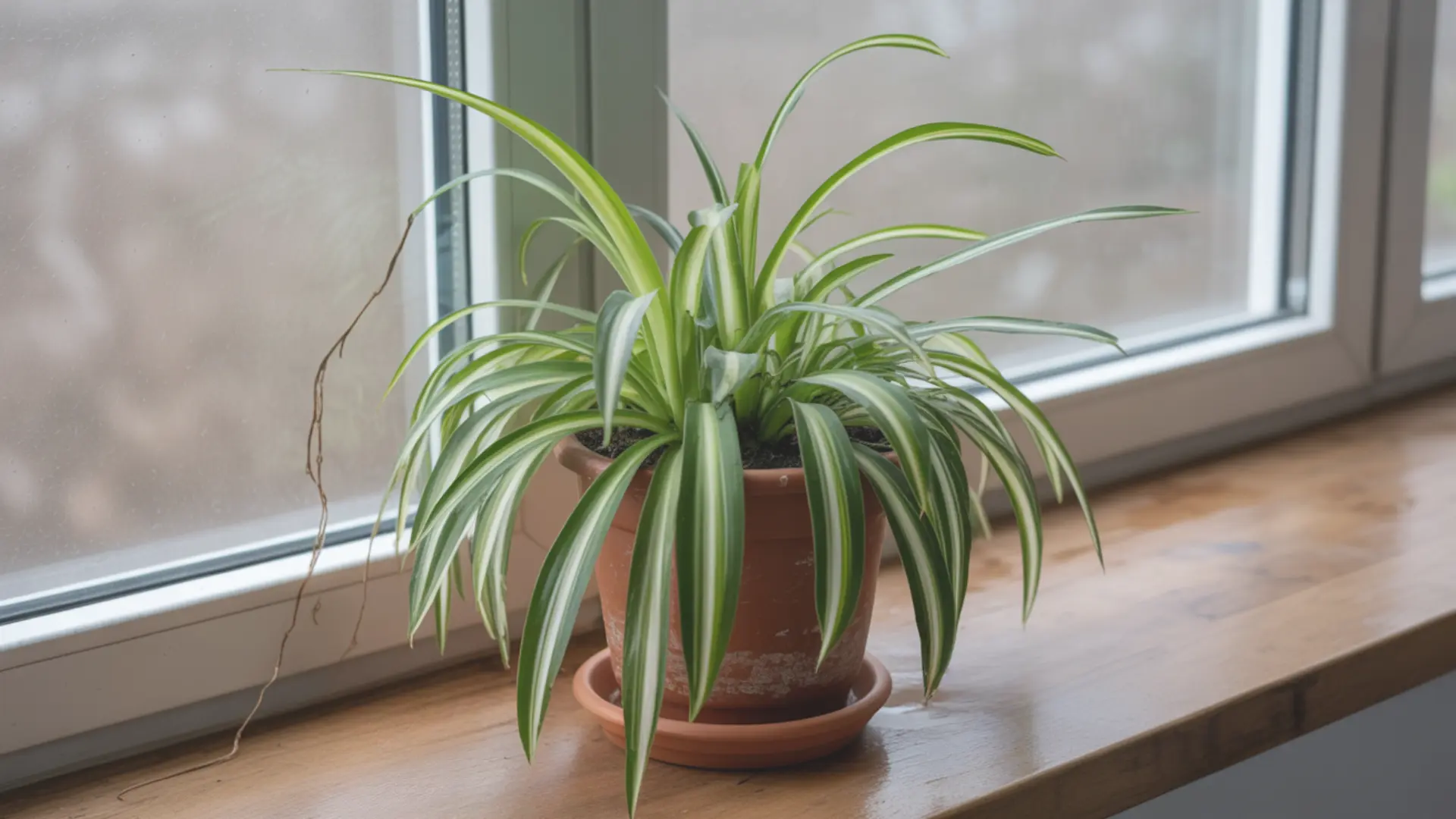 potted spider plant with variegated leaves sitting on wooden windowsill near window