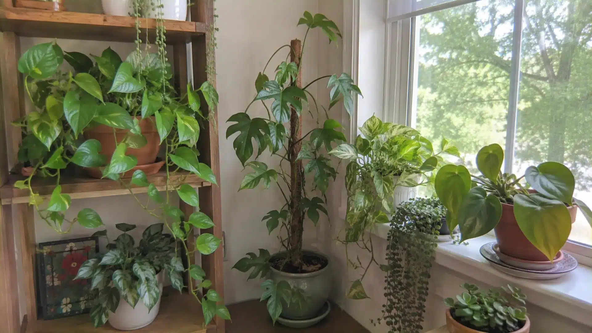 indoor vine plants displayed on a wooden shelf and windowsill in a bright home corner
