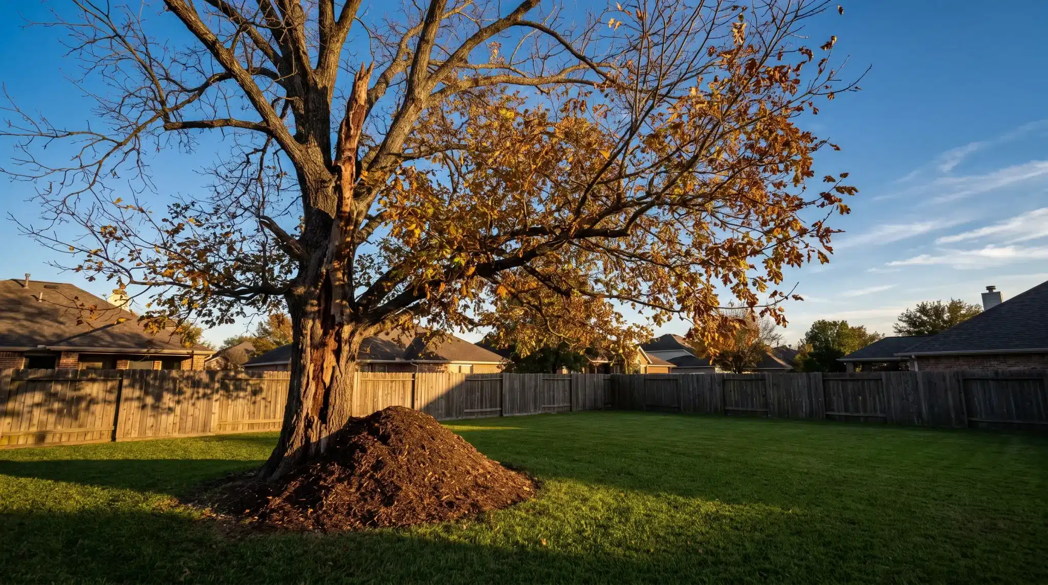 Large tree with autumn leaves beside a mulch pile in a fenced backyard