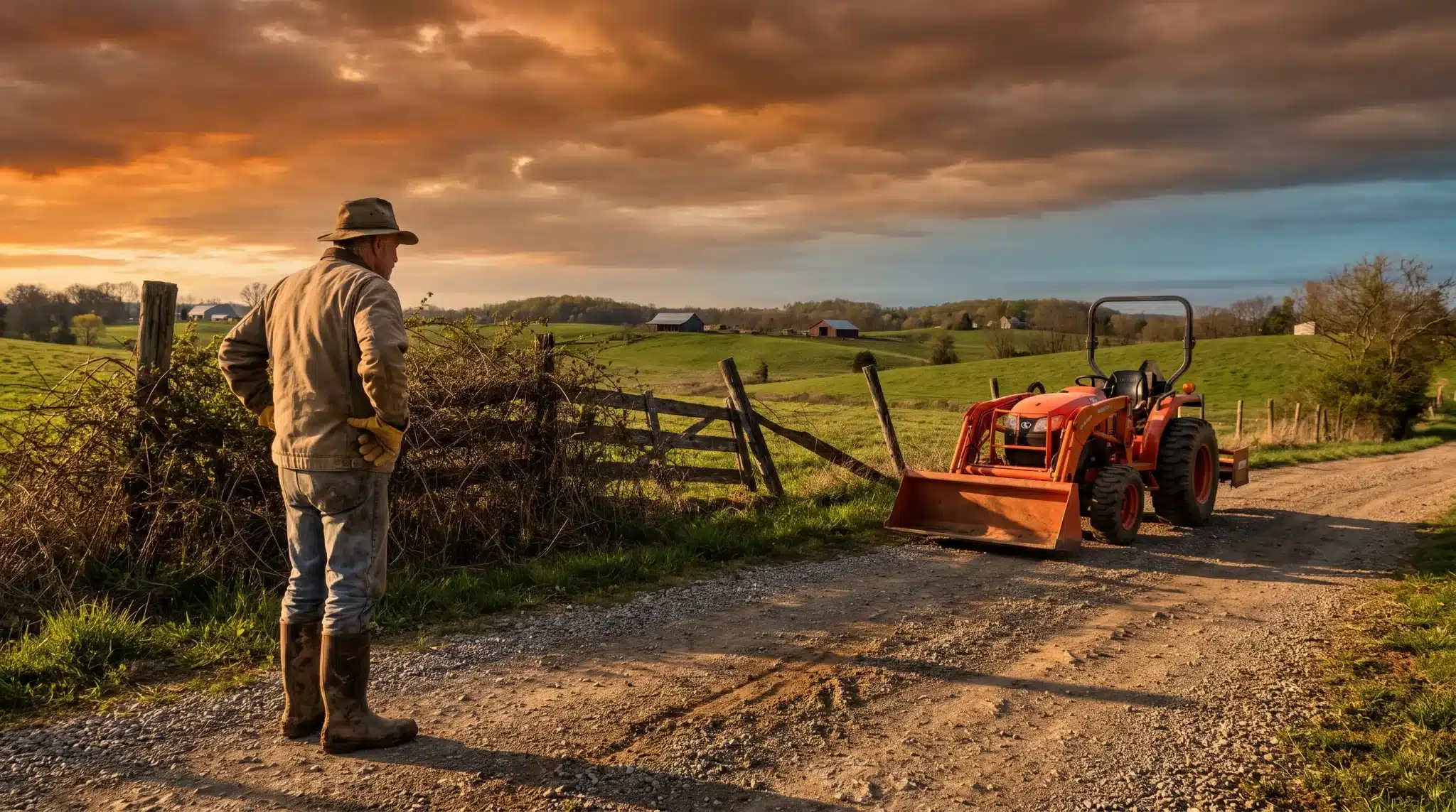 Farmer standing near orange tractor on gravel path in rural landscape at sunset