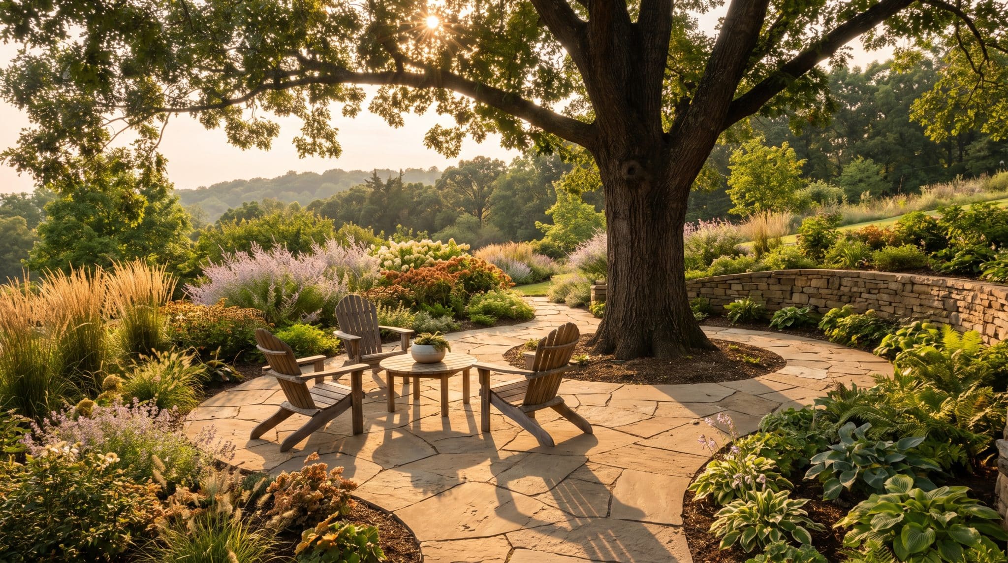 Wooden chairs around a small table on a stone patio under a large tree in a garden