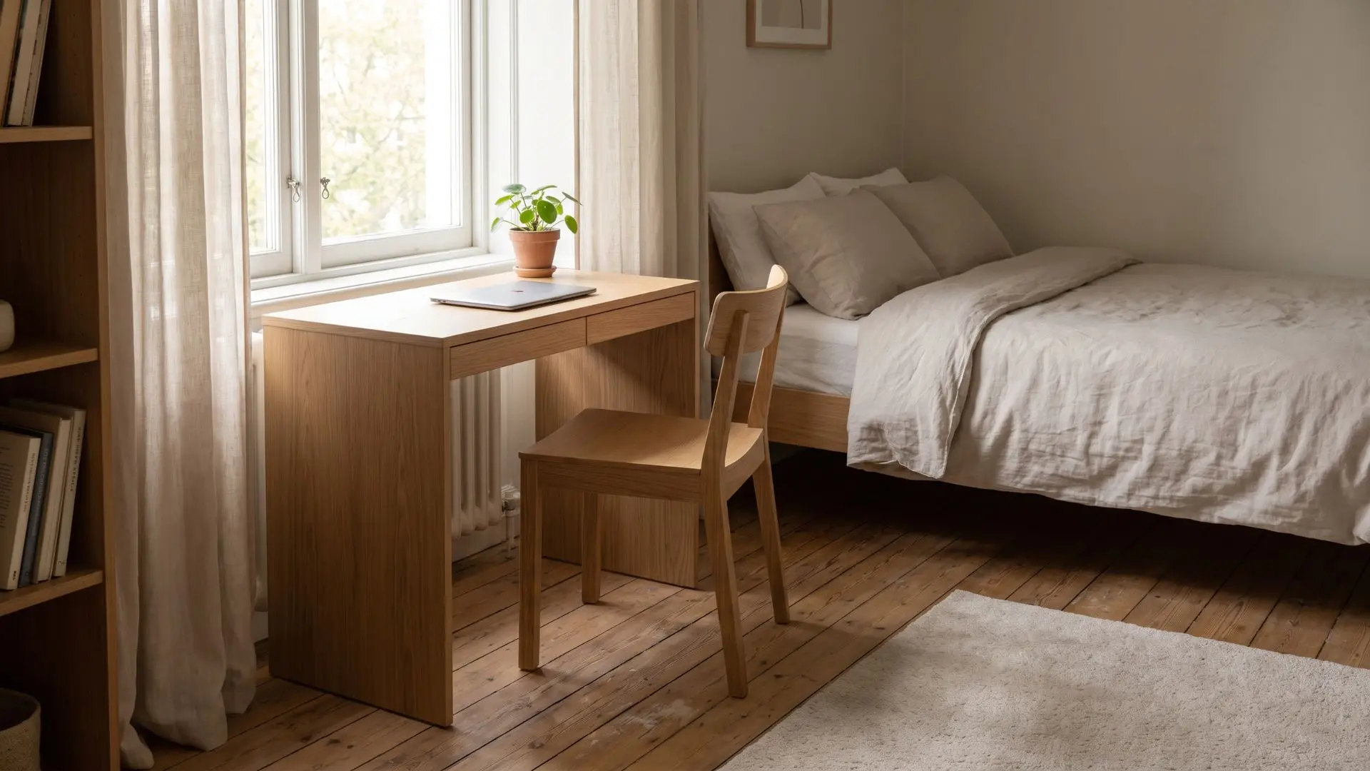 compact wooden desk and chair creating a bright work zone beside the window in a small bedroom