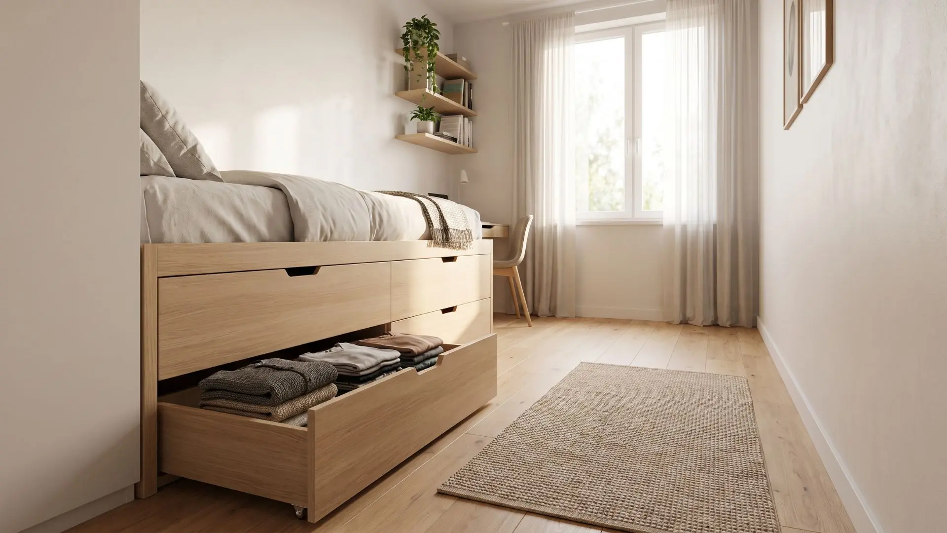 wooden bed with built-in drawers storing folded clothes in a bright, space-saving bedroom
