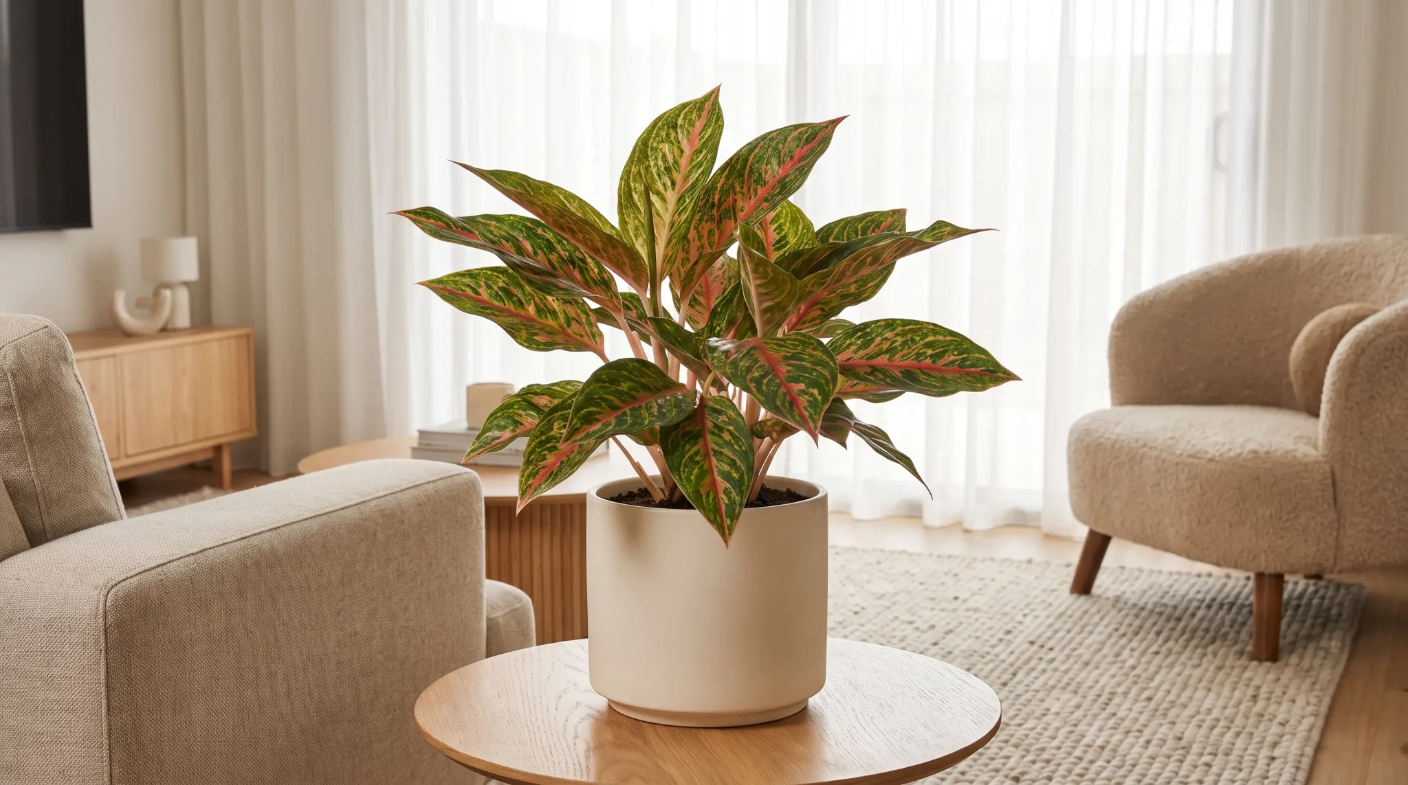 healthy pink and green aglaonema growing in a ceramic pot inside a bright, modern living room.