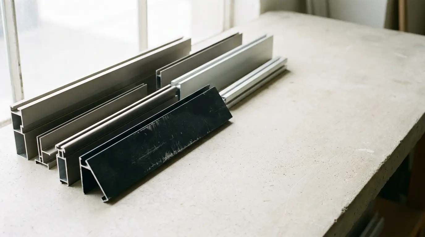 Metal beams arranged on a concrete surface in a brightly lit industrial workspace